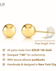 14K Yellow Gold Ball Stud Earrings, With Silicone Pushbacks