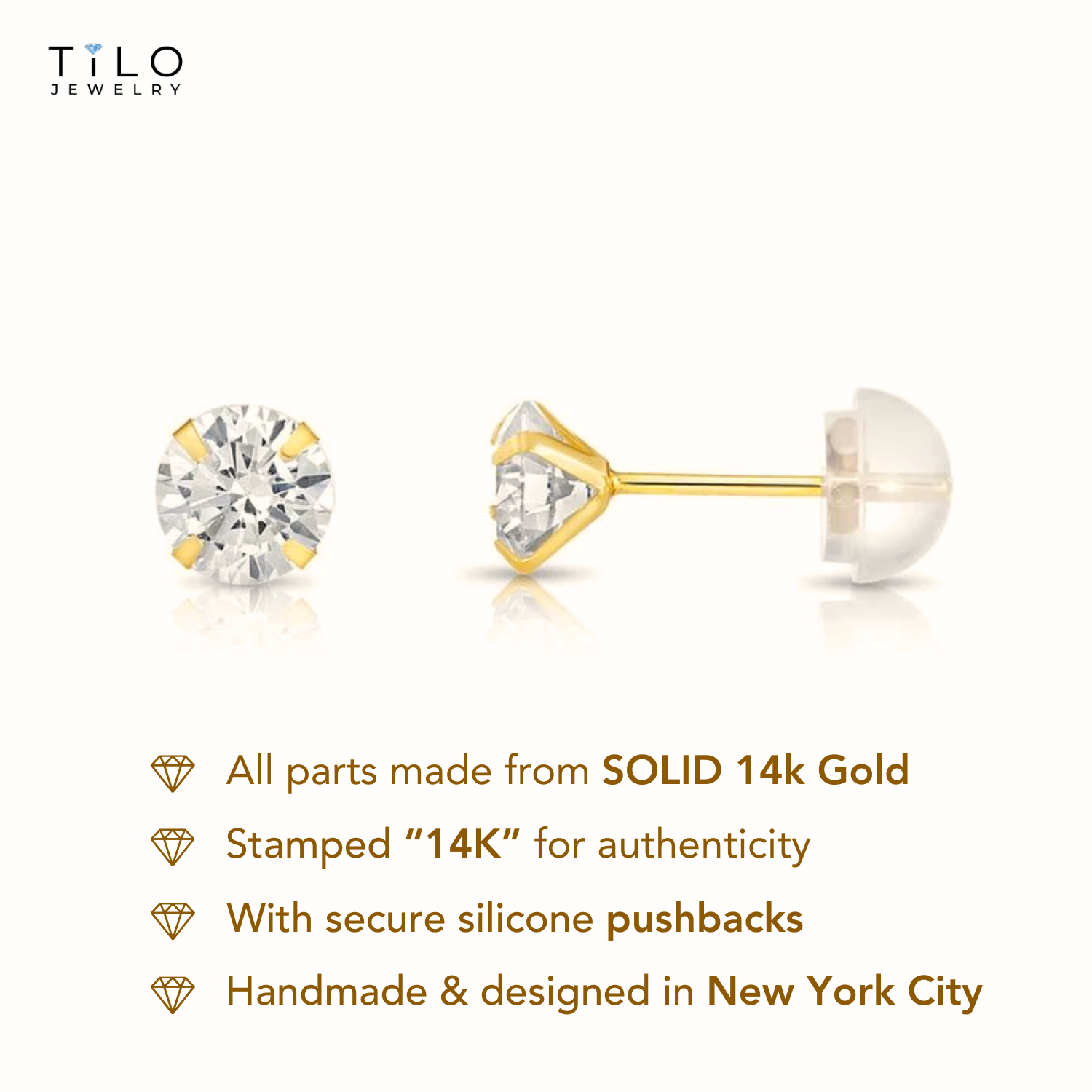 14K Gold Cubic Zirconia Stud Earrings, Silicone Push-back