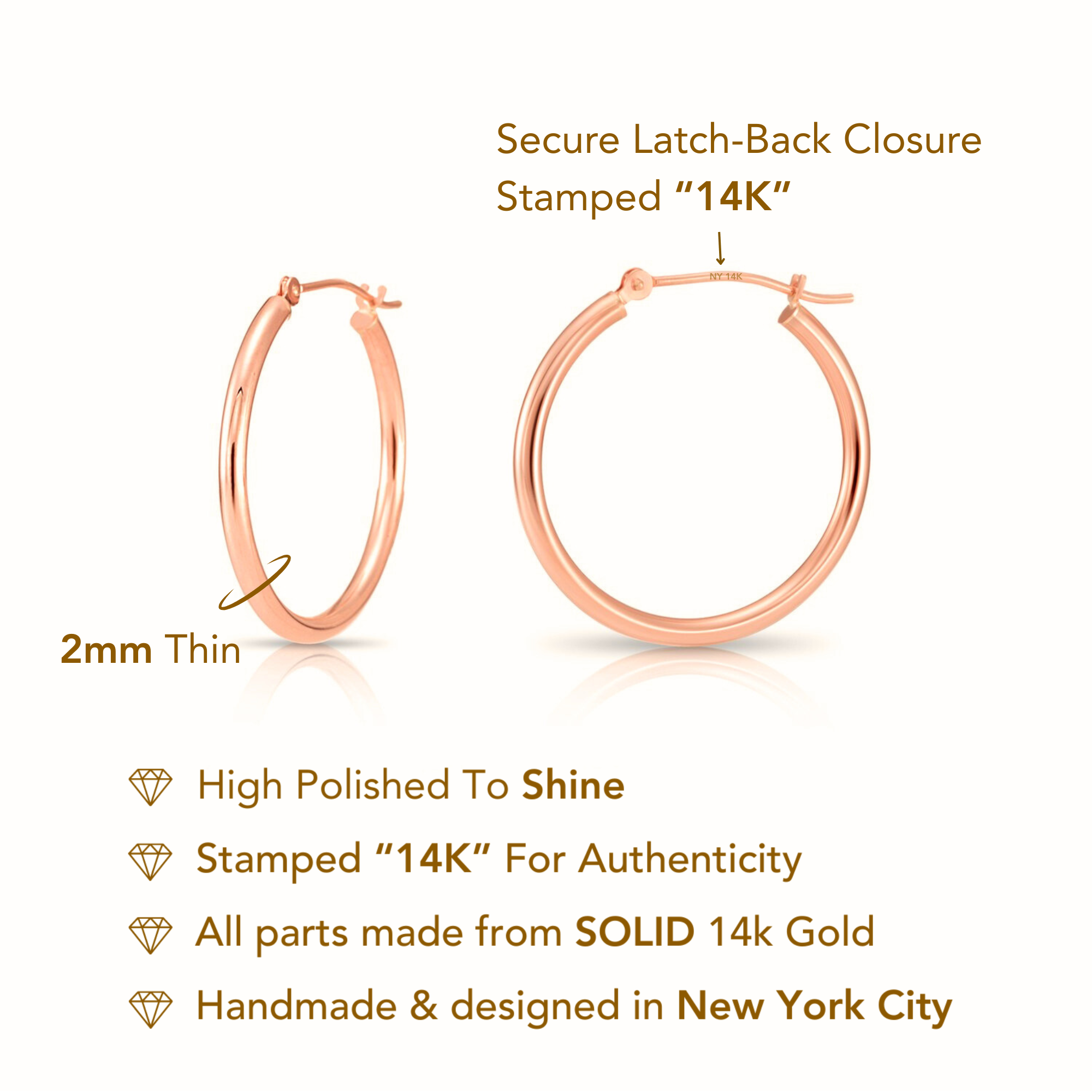 14k Rose Gold Classic Round Hoop Earrings, 2mm