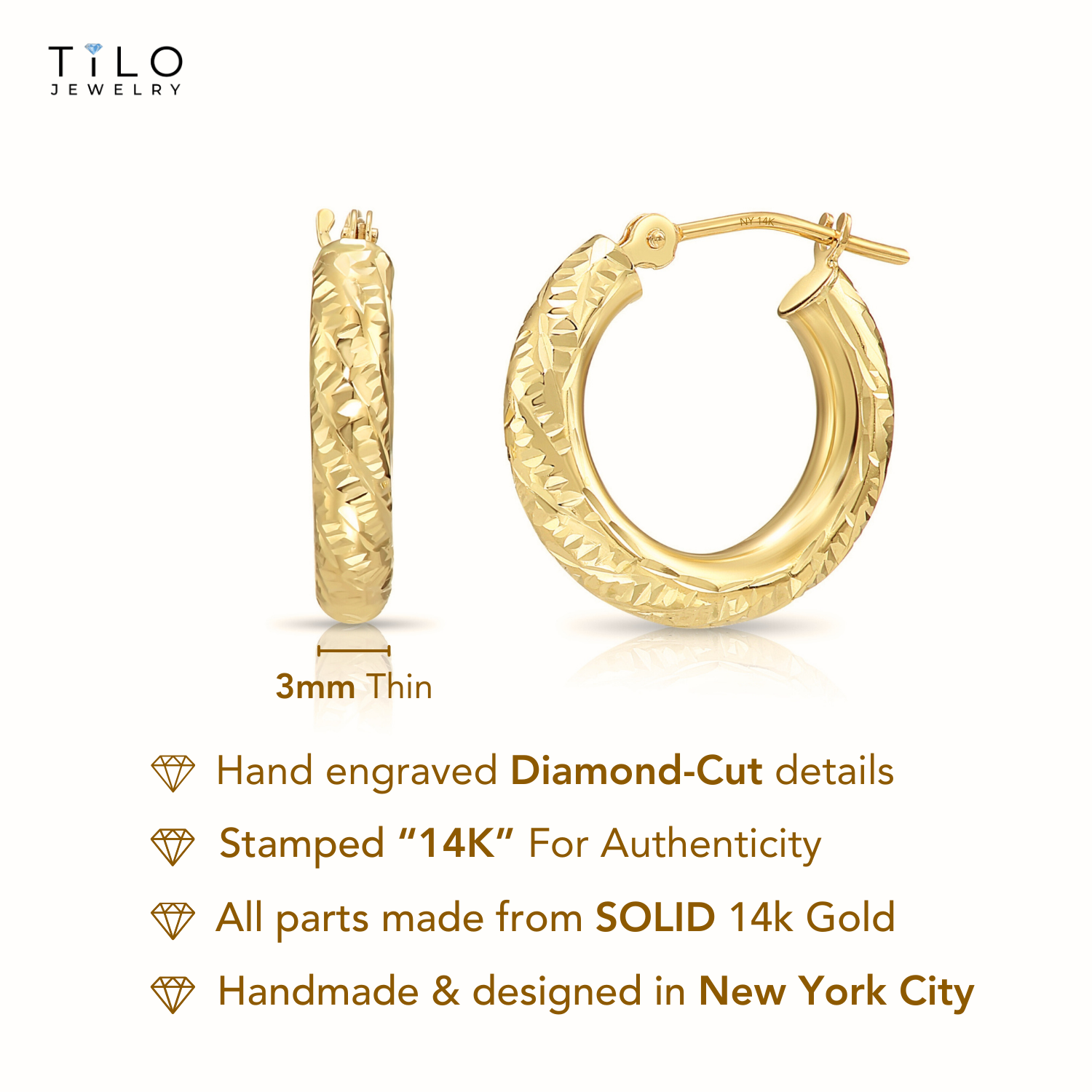14K Yellow Gold Tornado Hoop Earrings, Diamond-Cut &amp; Hand Engraved Design, 3mm Thin