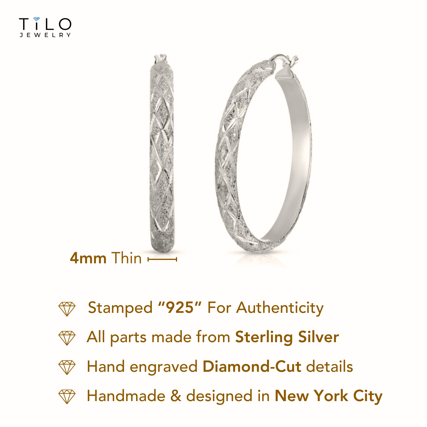 Brilliant X-pattern Round Tubular Hoop Earrings in Sterling Silver