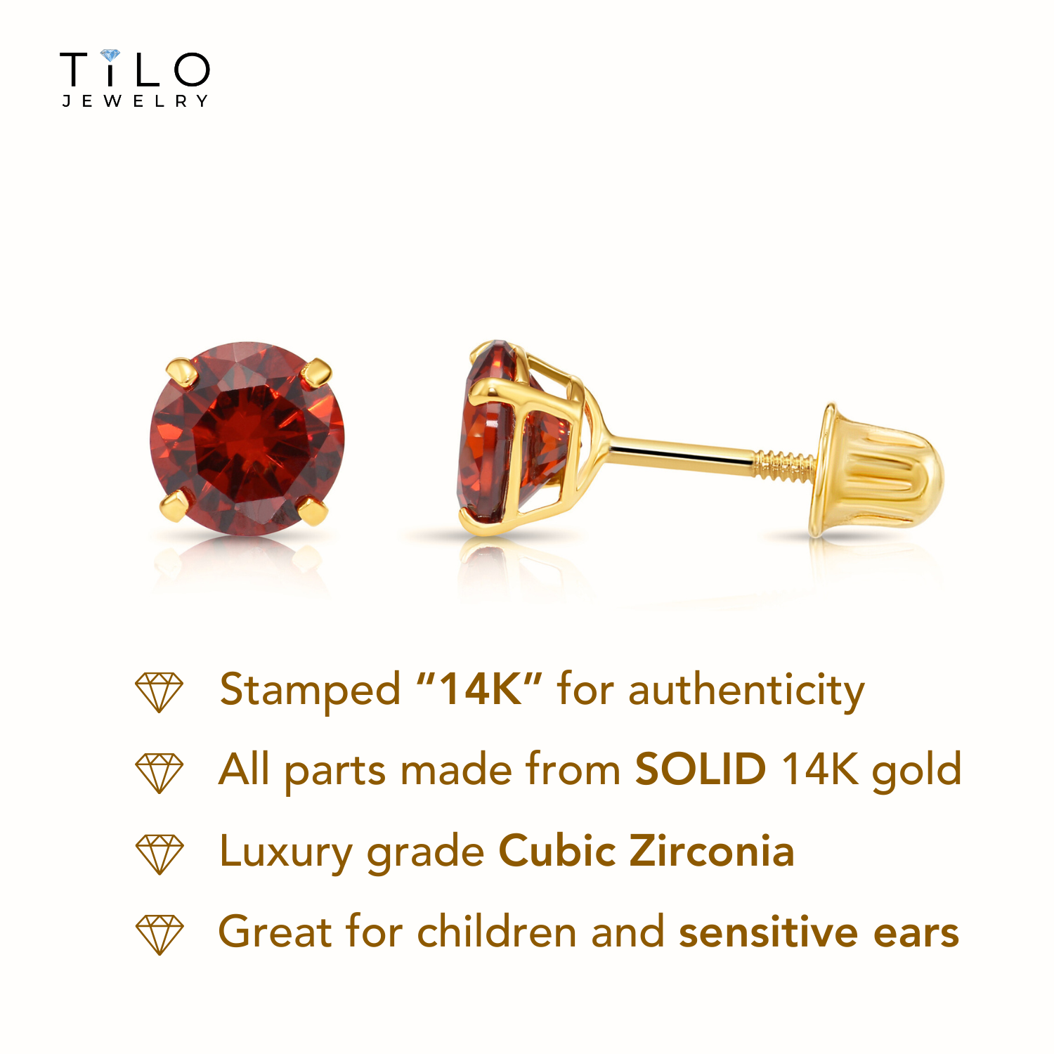 14K Yellow Gold Birthstone Stud Earrings, Screw-back, 4mm