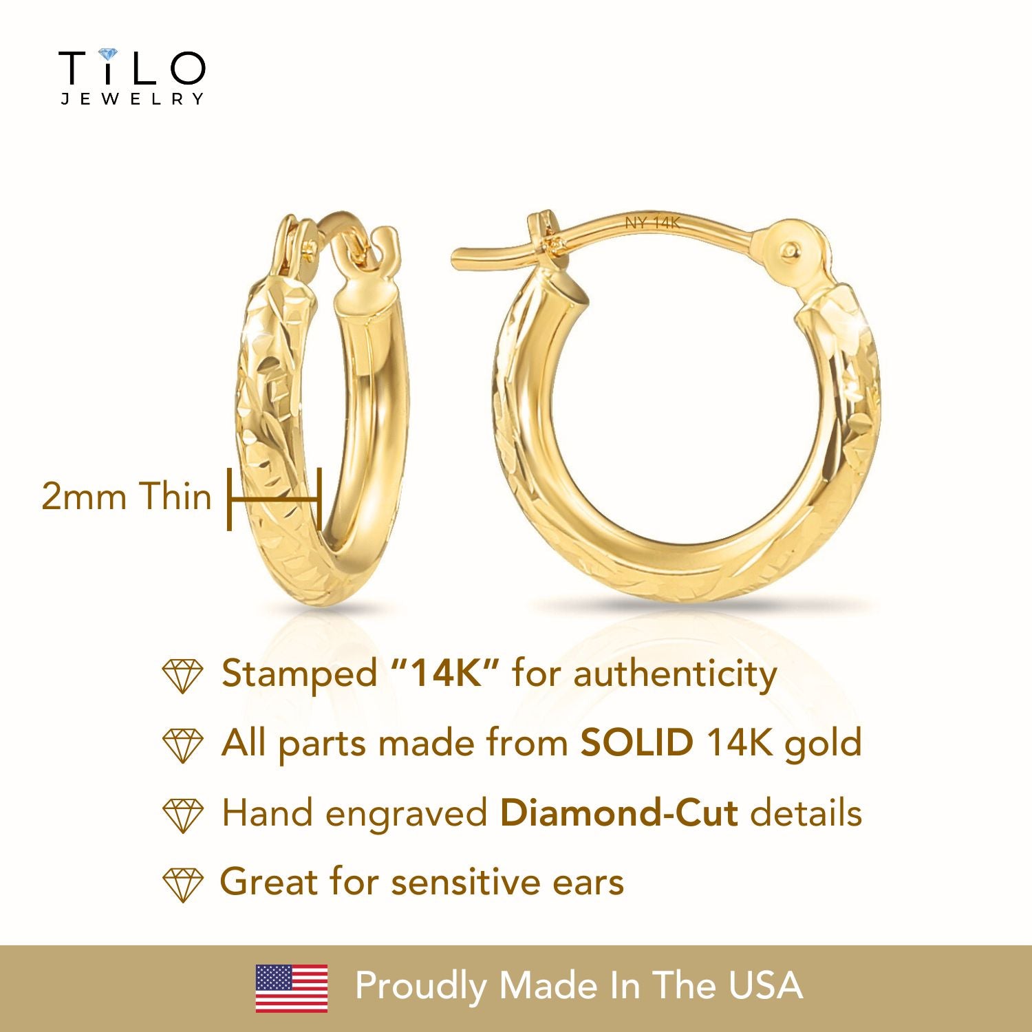 Yellow Gold Hand Engraved Hoops, 1 inch (Yellow/White/Rose) – Tilo