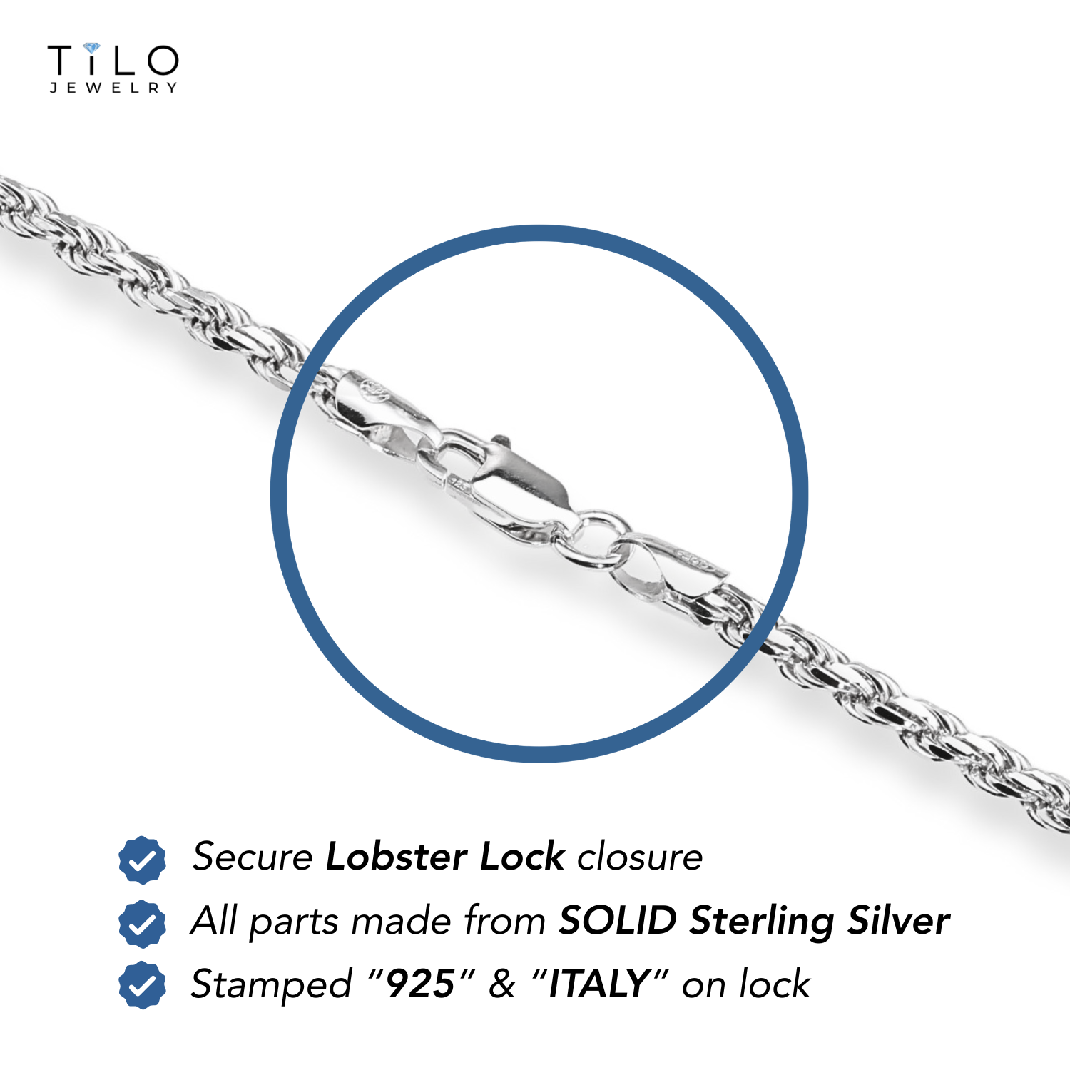 Italian Rope Chains with Strong Lobster Lock in Sterling Silver
