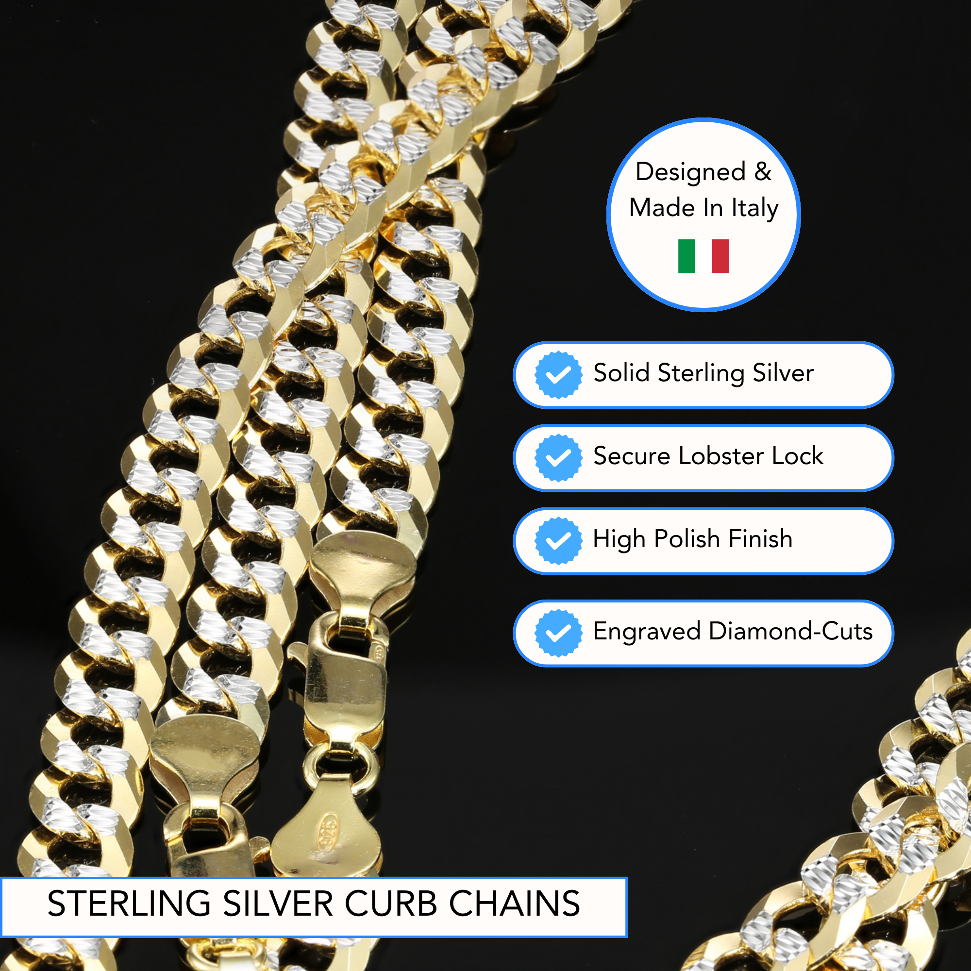 Sterling Silver Curb Chains, Two-Tone Italian Necklace, With Hand Engraved Diamond-Cuts