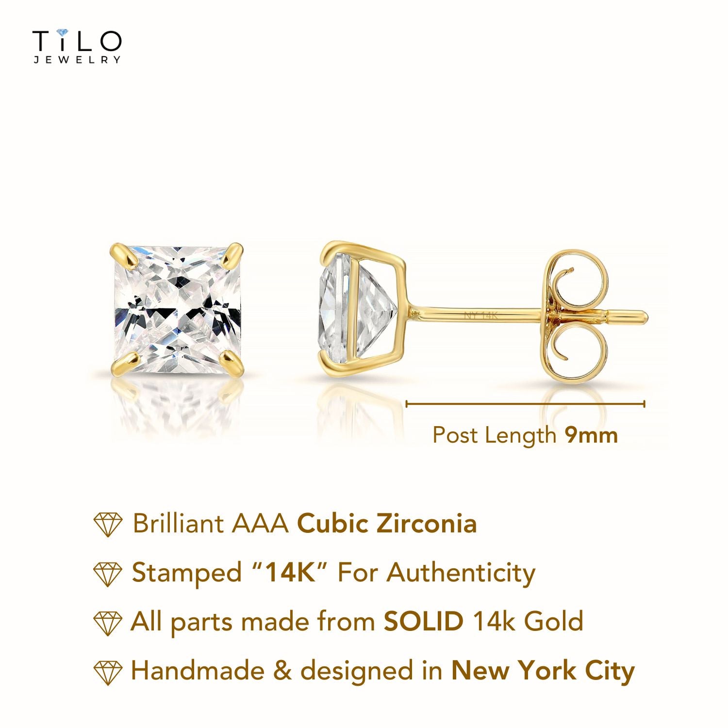 14k Yellow Gold Square Zirconia Stud Earrings, Pushback