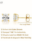 14k Yellow Gold Square Zirconia Stud Earrings, Pushback