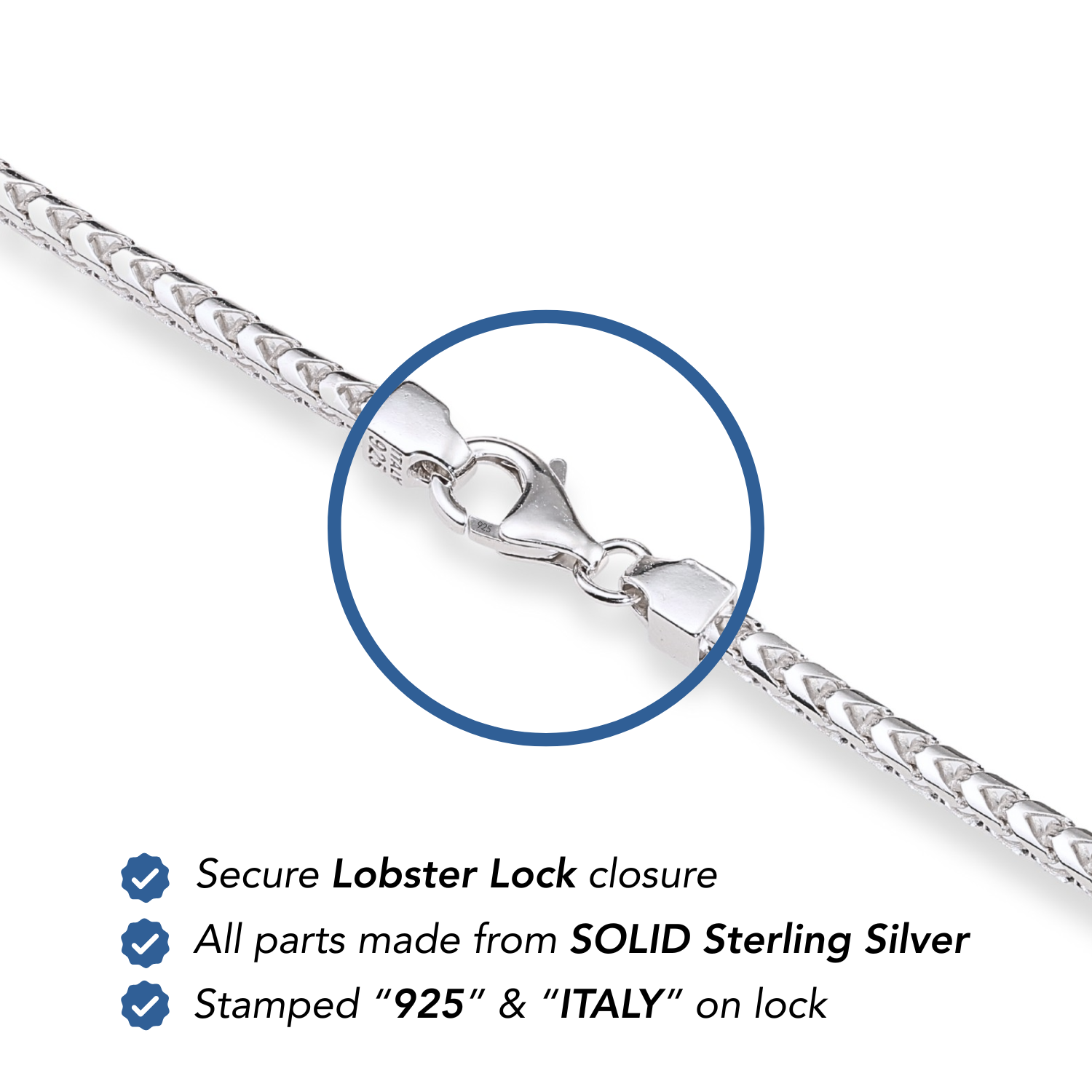 Italian Franco Chains Made In Solid 925 Sterling Silver, With Secure Lobster Lock