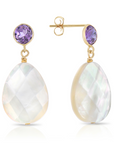 14K Gold Natural Purple Amethyst, With Mother Of Pearl Drop Earrings