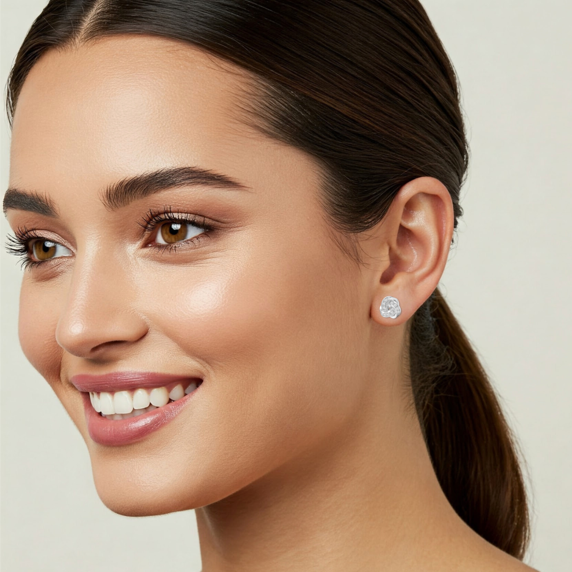 Solid 14k Gold Brilliant CZ Love Knot Twist Studs, 7mm, With Pushbacks