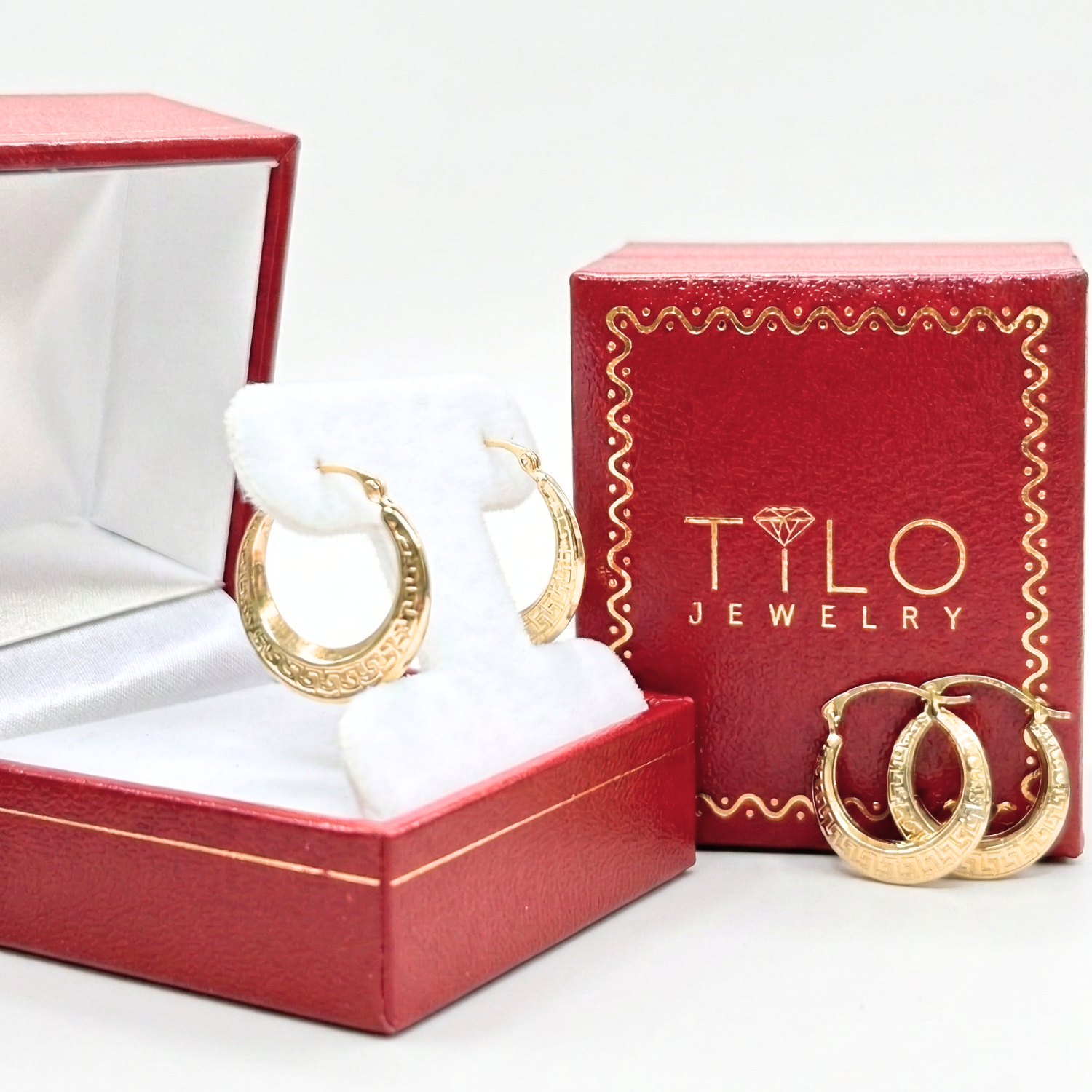 14K Yellow Gold Greek Key Curved Round Creole Hoops Earrings