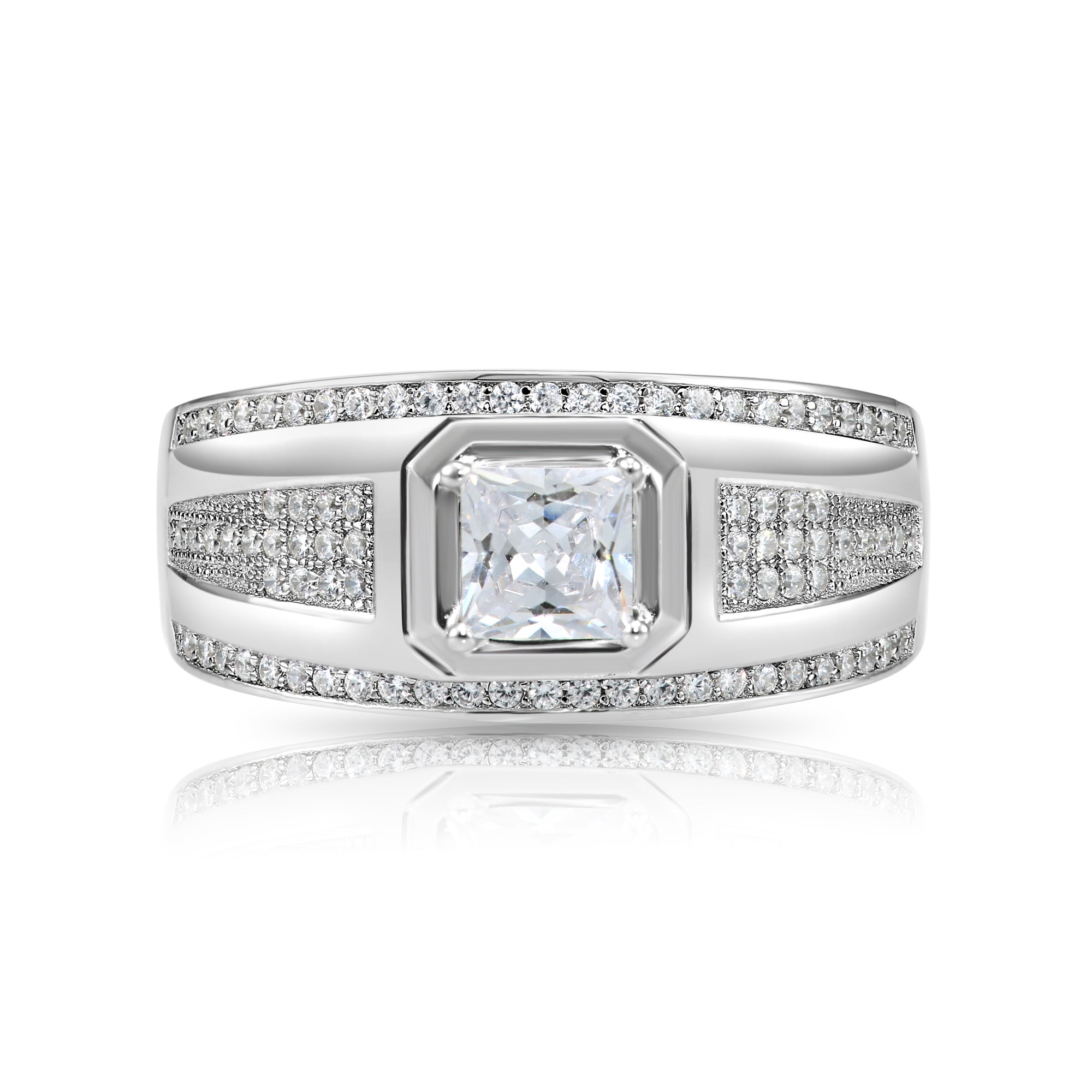 Solid 925 Sterling Silver Solitaire Princess-Cut Square Pave