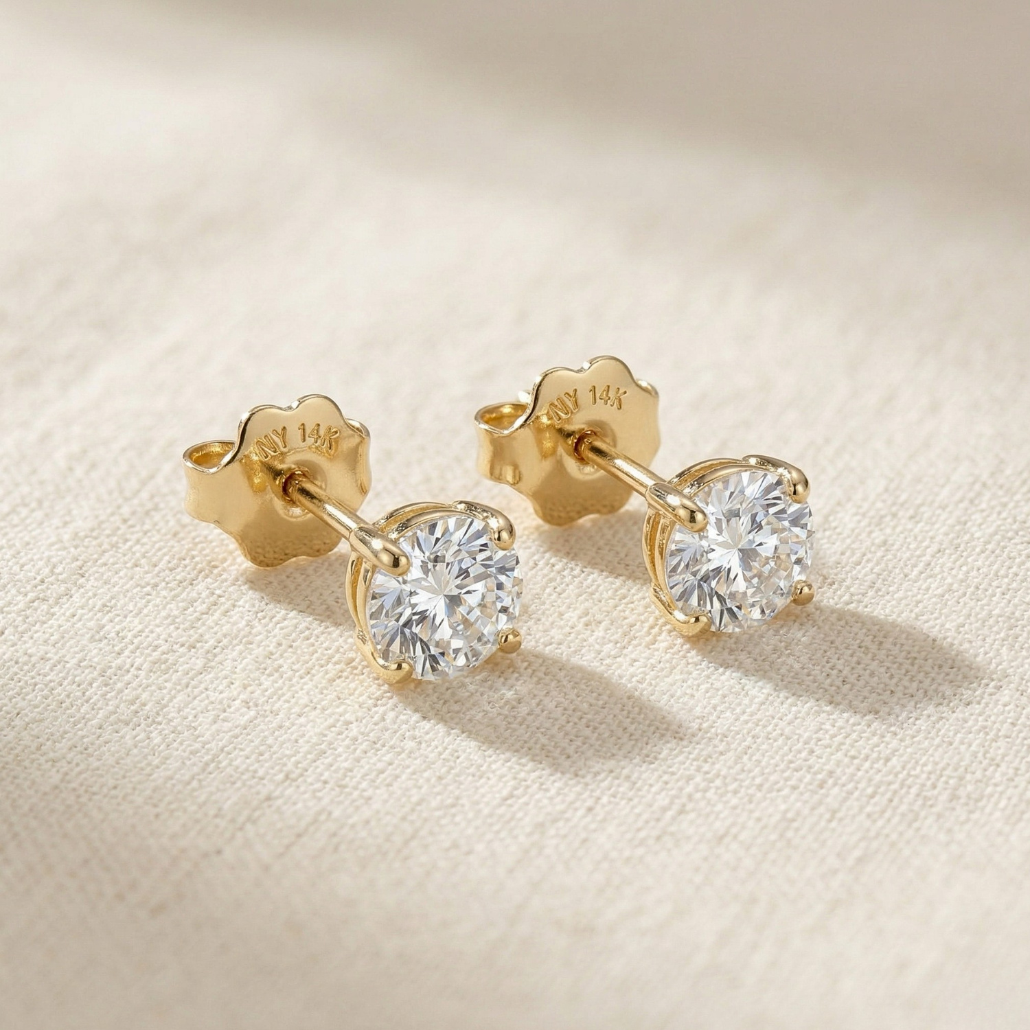 14K Yellow Gold Classic Solitaire Simulated Diamond Studs, Screwback