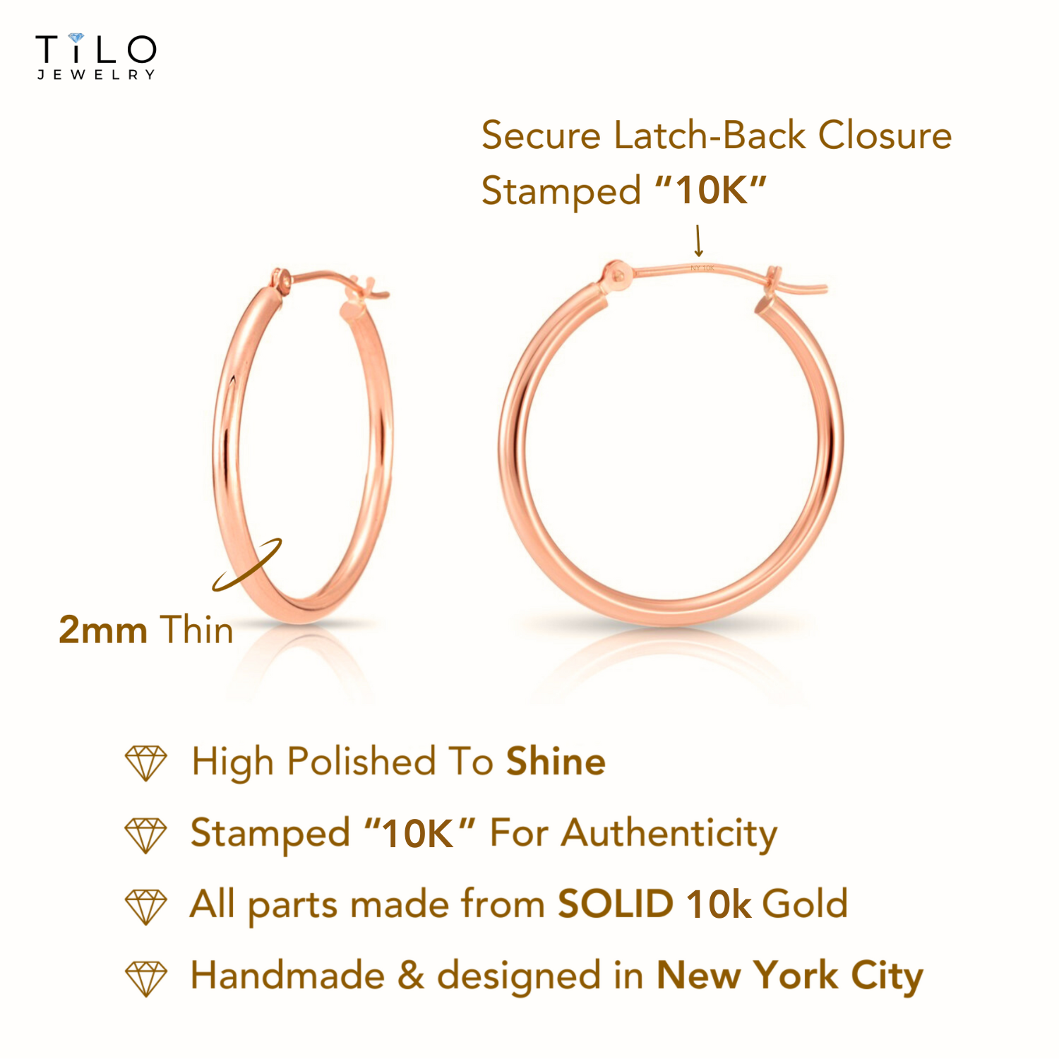 10K Rose Gold Classic Round Hoop Earrings, 2mm Thin