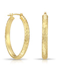 14K Yellow Gold Hand Engraved Full Diamond-cut Oval Hoop Earrings