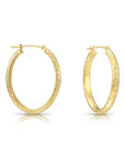 14K Yellow Gold Hand Engraved Full Diamond-cut Oval Hoop Earrings
