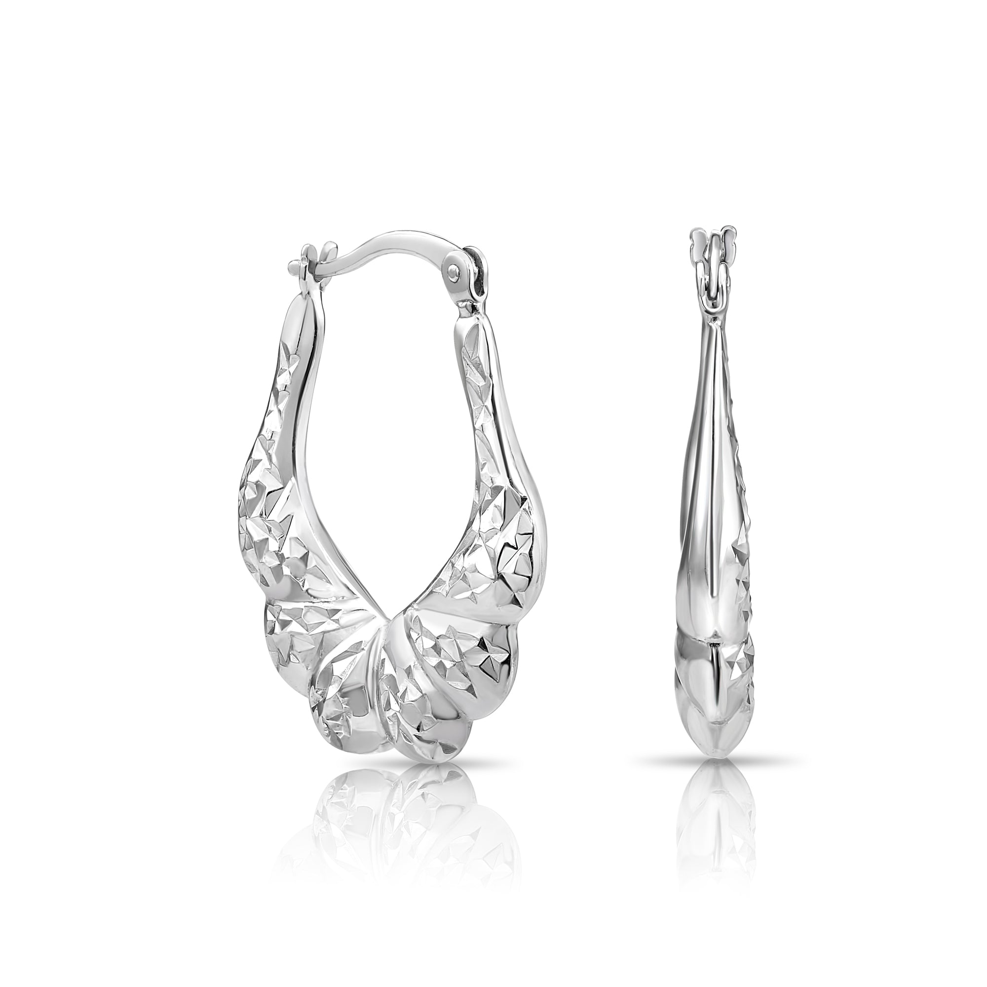Sterling Silver Diamond-Cut Oval Croissant Hoop Earrings, Hand Engraved Design