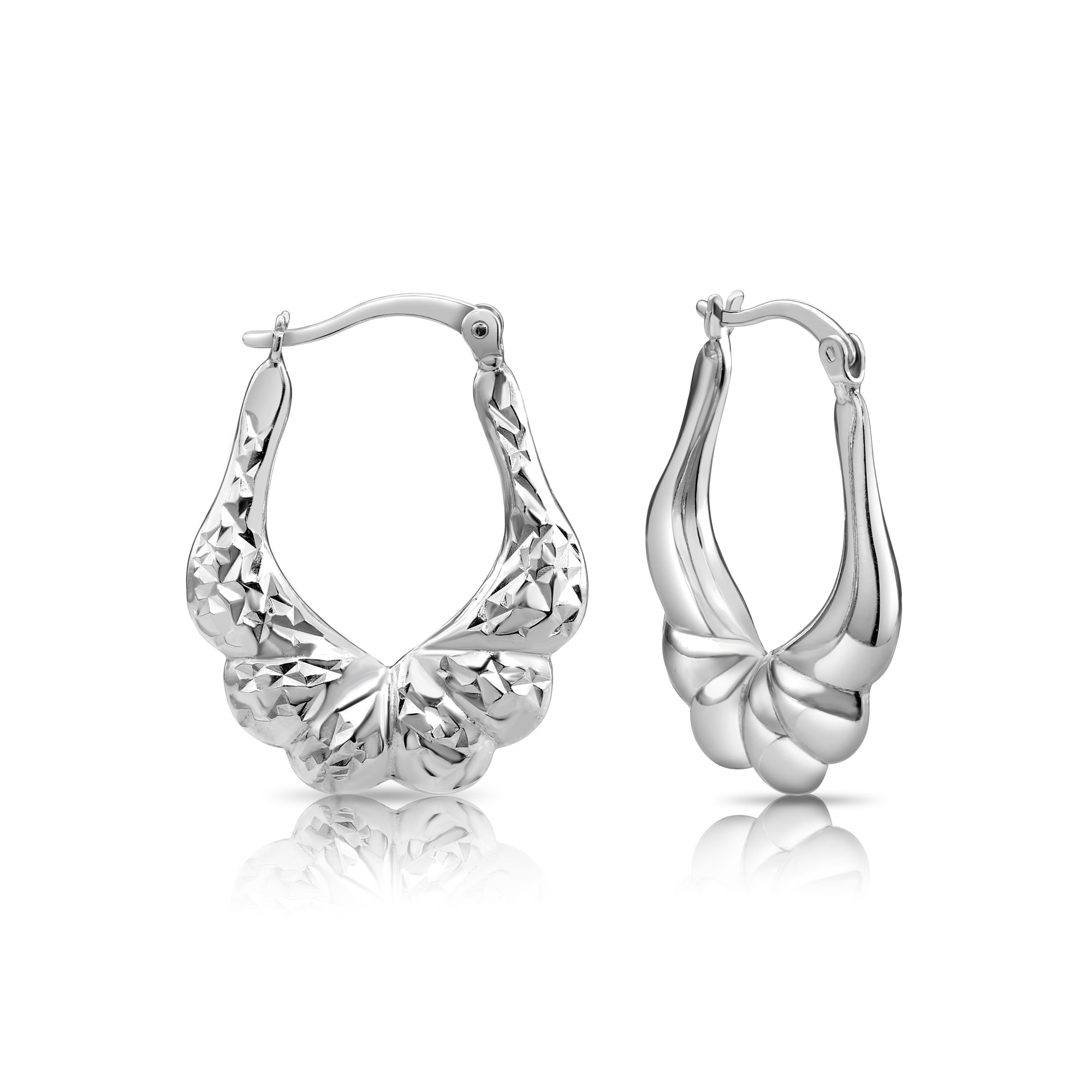 Sterling Silver Diamond-Cut Oval Croissant Hoop Earrings, Hand Engraved Design