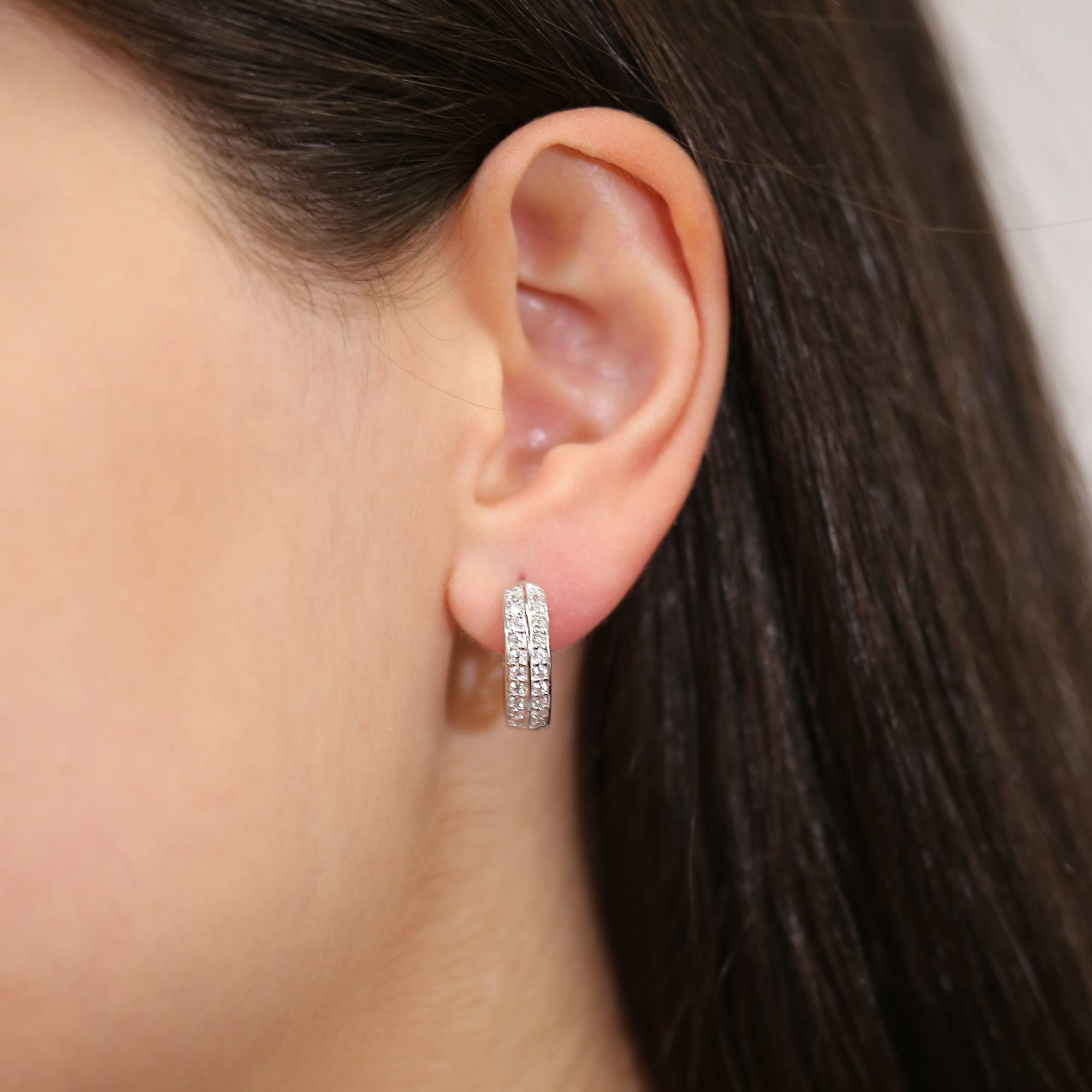 Sterling Silver Double Row CZ Huggie Earrings