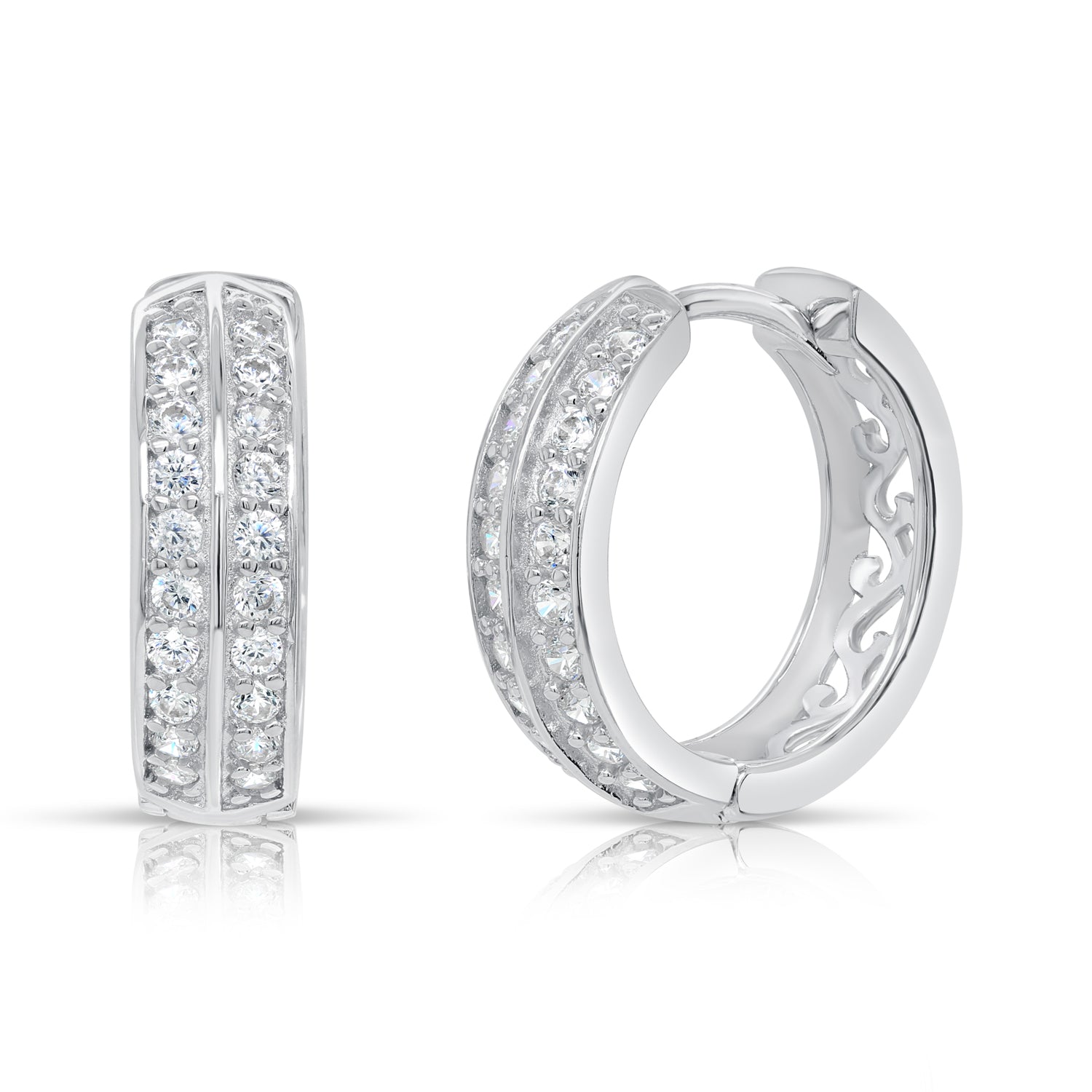 Sterling Silver Double Row CZ Huggie Earrings