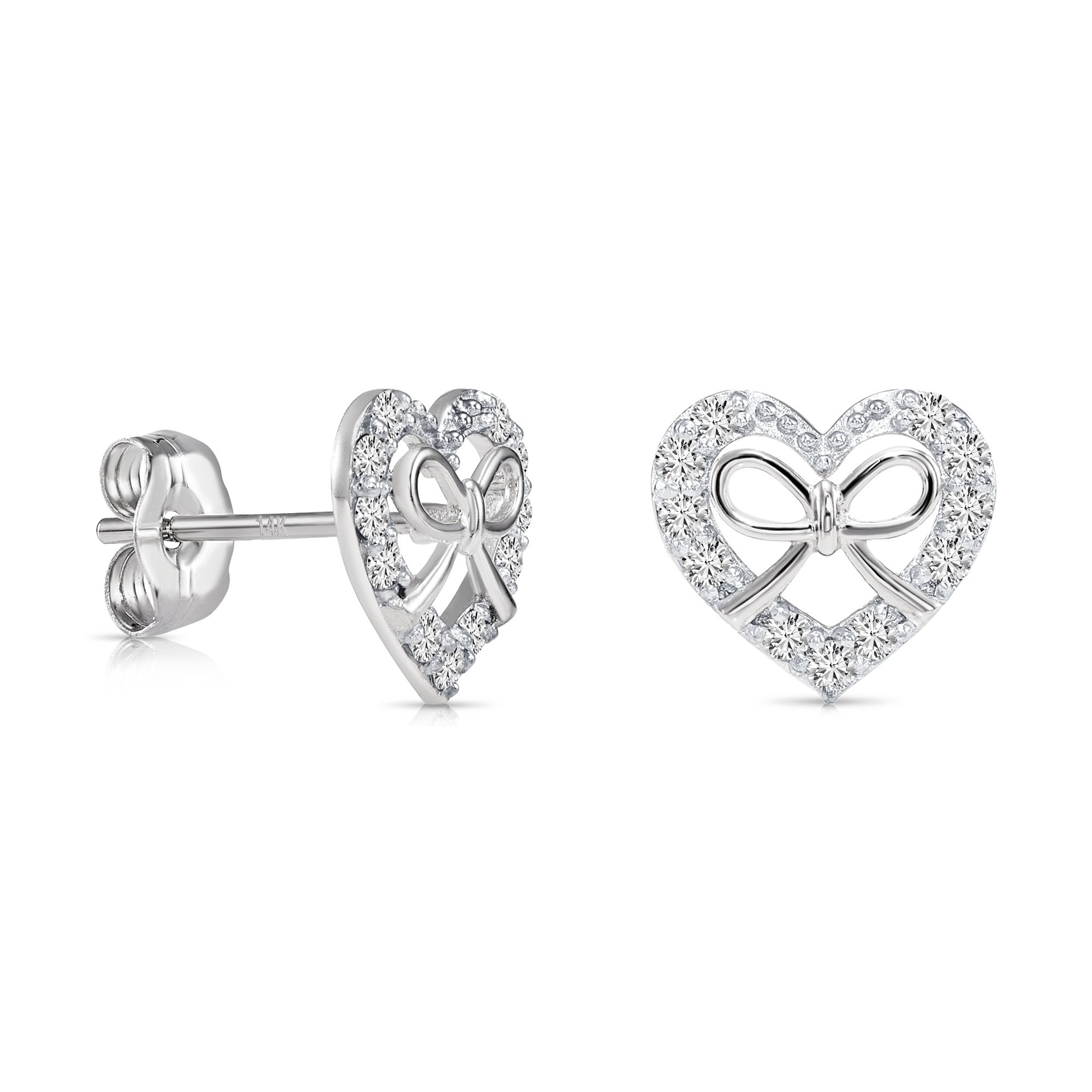 14K Gold Lab Diamond Heart &amp; Bow Stud Earrings With Pushbacks, 0.20ctw