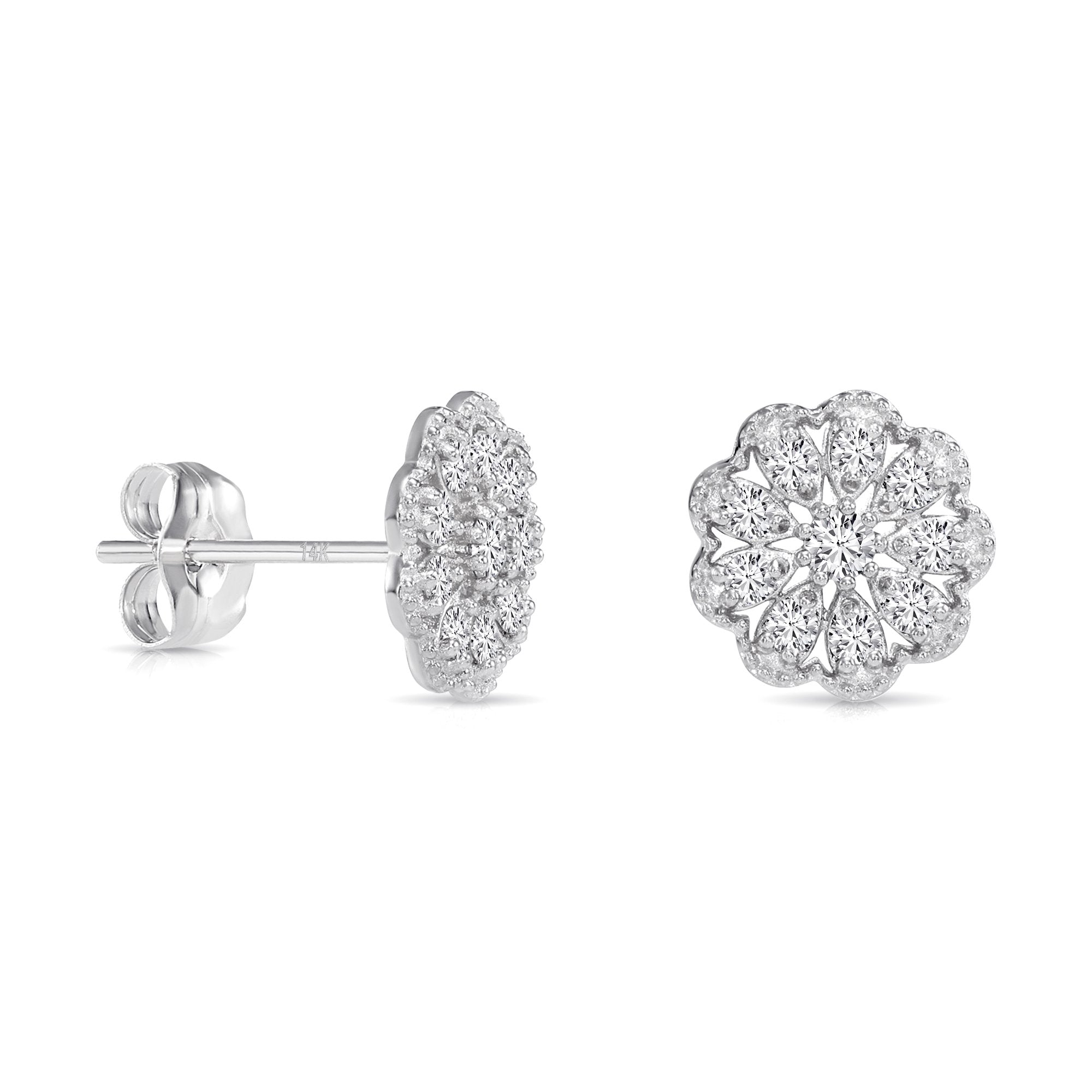 14K Gold Lab Diamond Flower Halo Stud Earrings With Pushbacks, 0.18ctw
