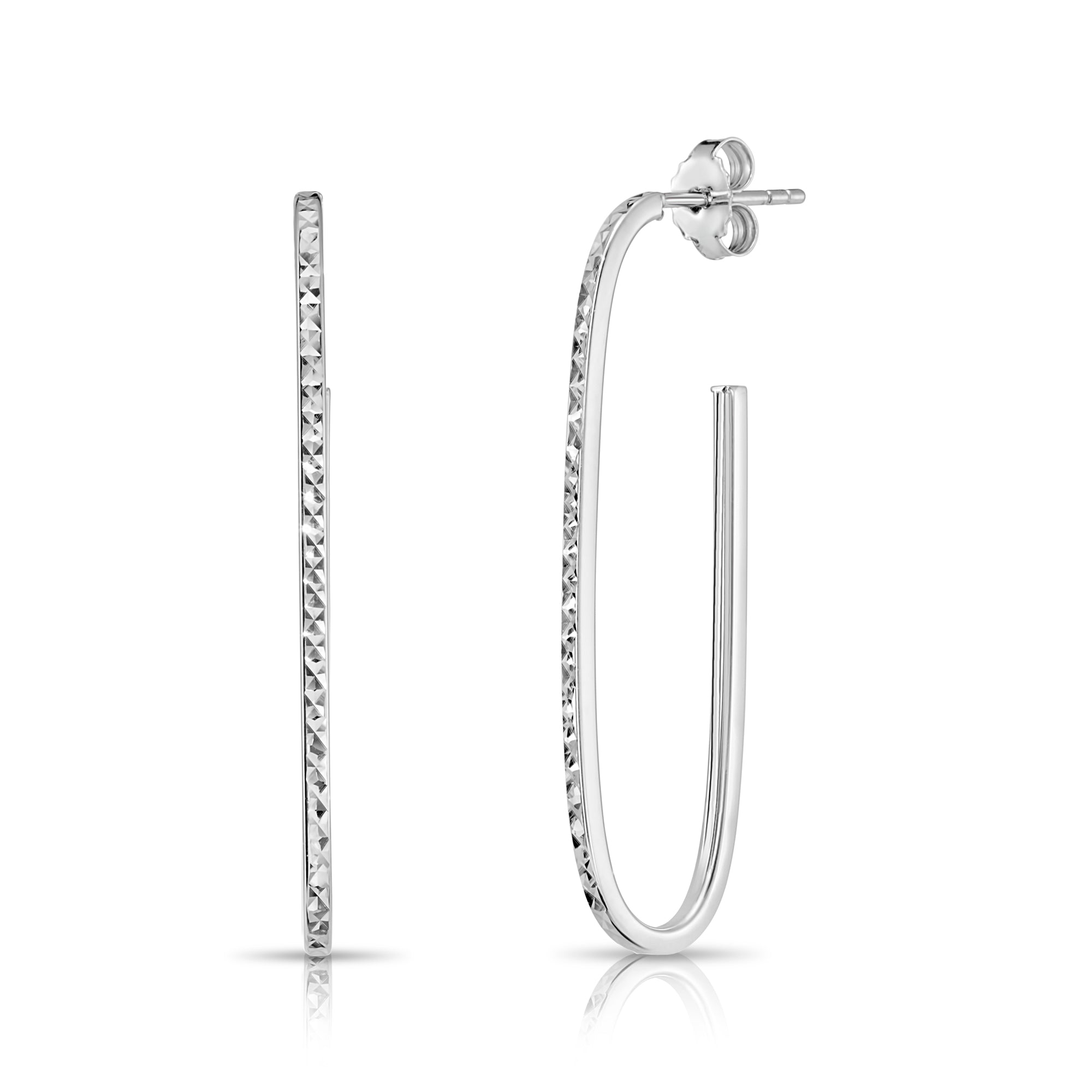 Sterling Silver Oval Diamond-Cut Hoop Earrings