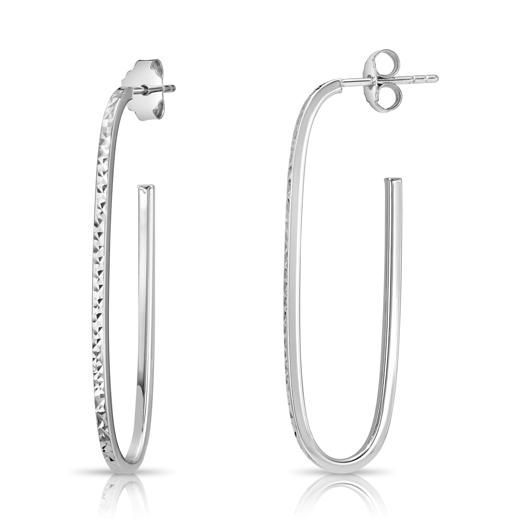 Sterling Silver Oval Diamond-Cut Hoop Earrings