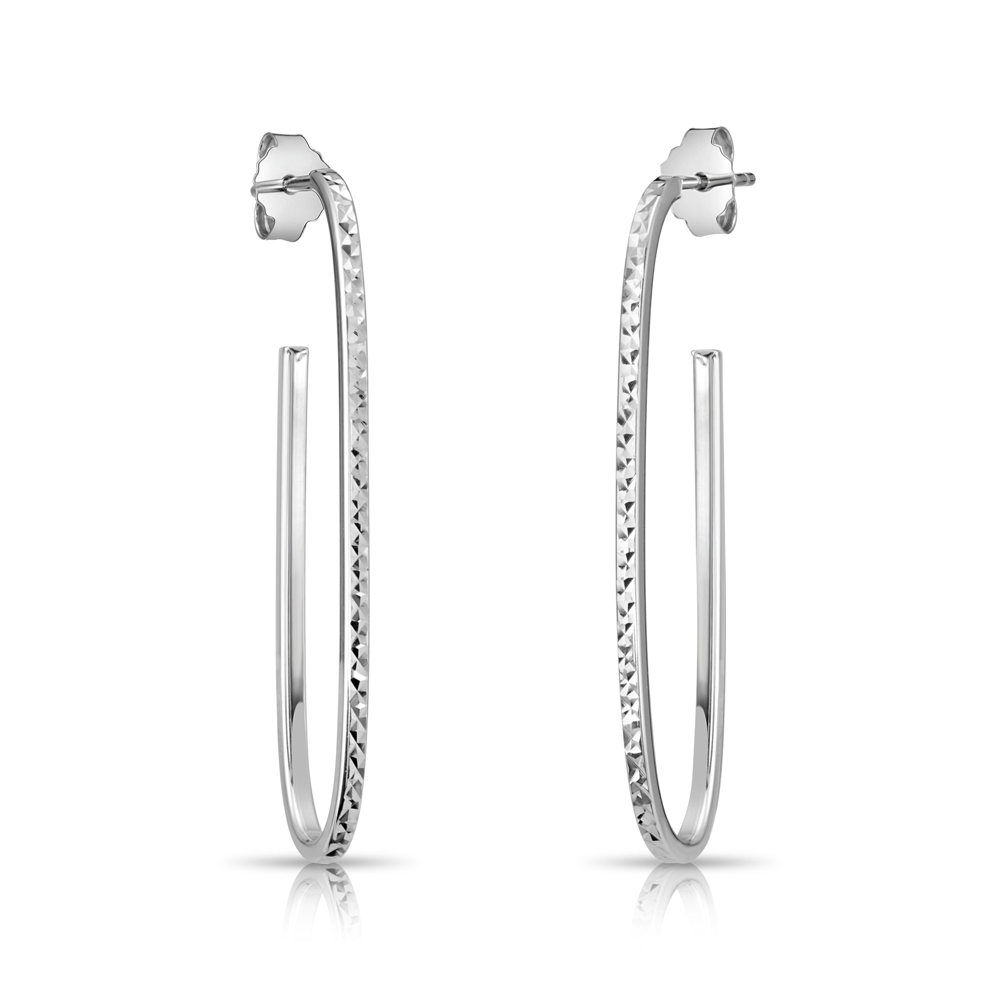 Sterling Silver Oval Diamond-Cut Hoop Earrings