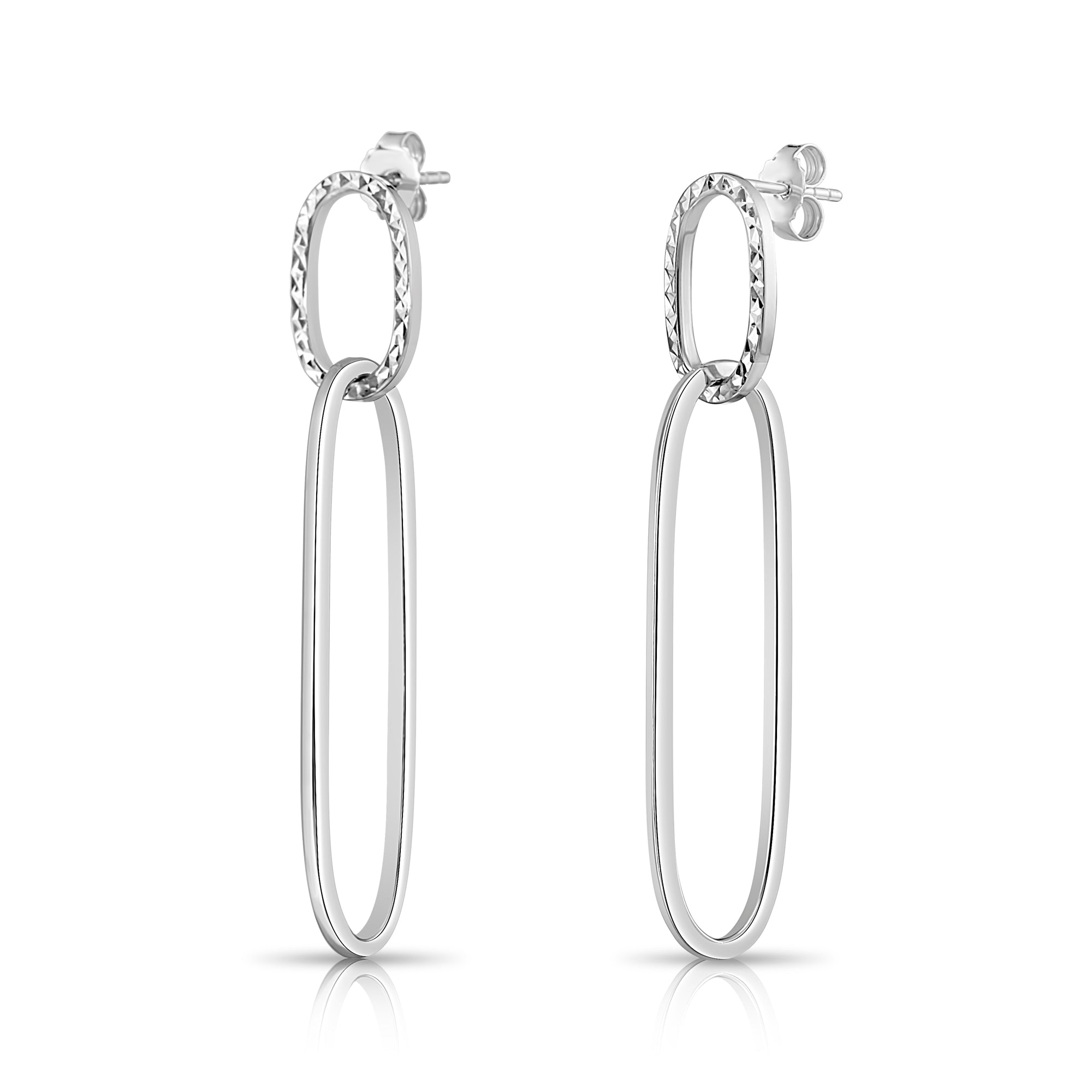 Sterling Silver Oval Diamond-Cut Hoop Drop Earrings