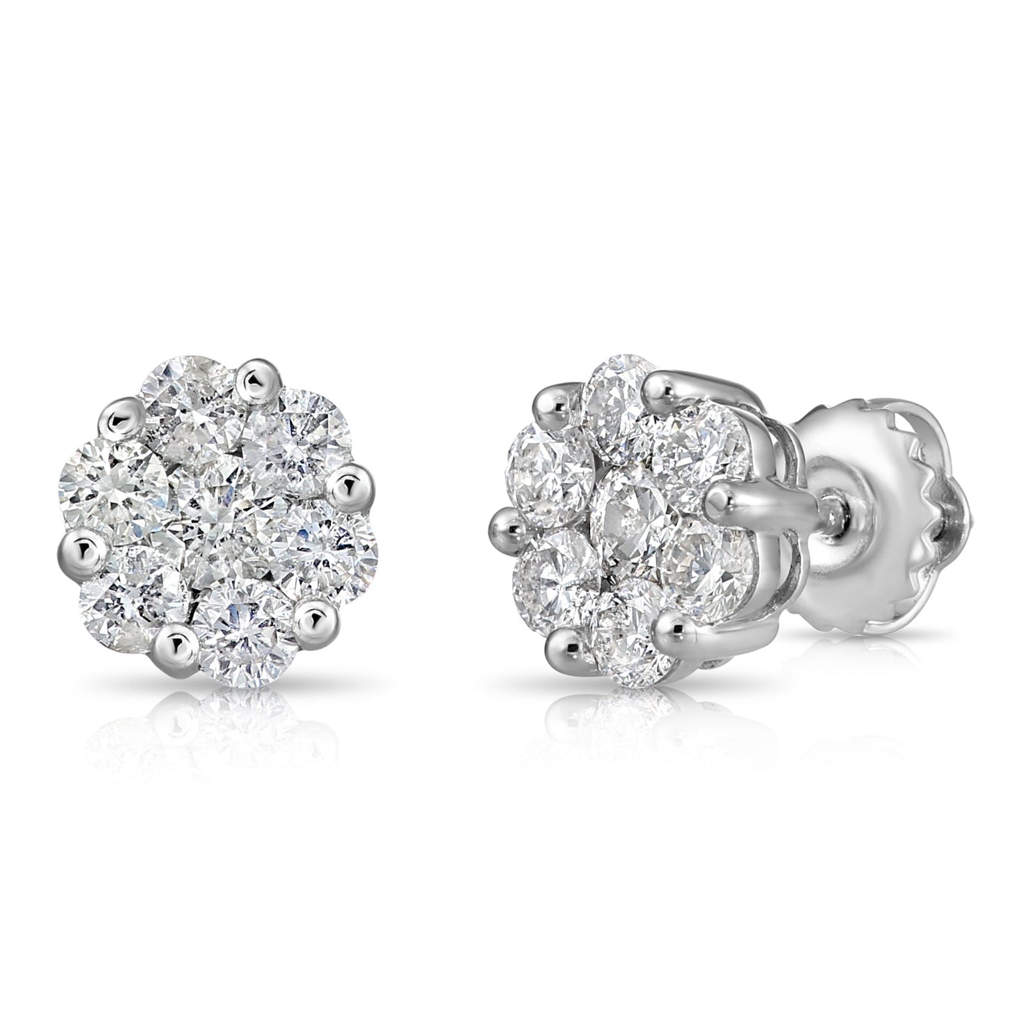 14K White Gold Natural Diamond Cluster Studs, Screwback