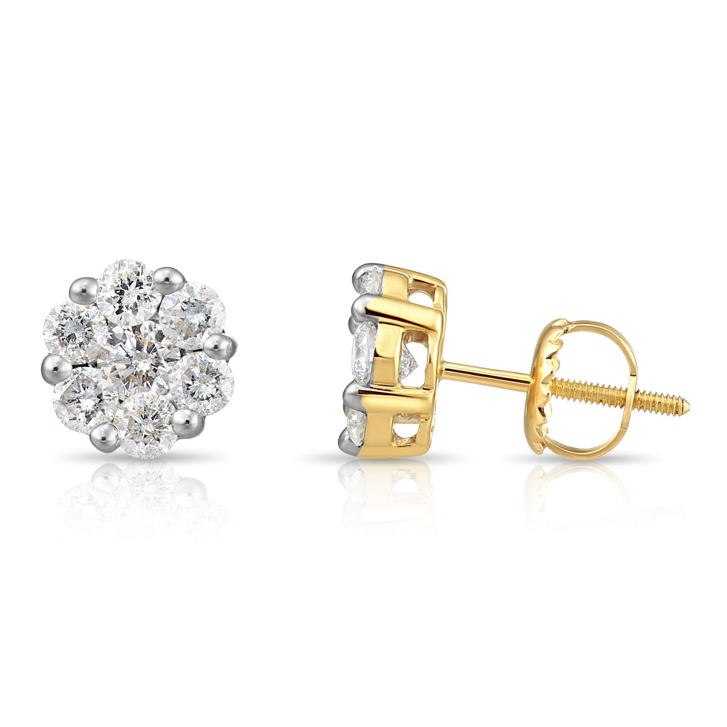 14K Yellow Gold Natural Diamond Cluster Studs, Screwback