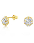10k Yellow Gold Round Halo Stud Earrings, Screwback