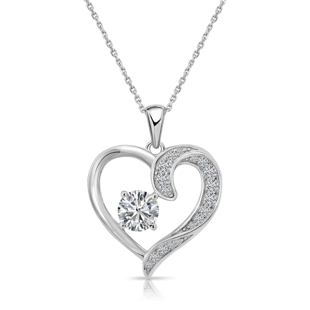 Sterling Silver Open Heart Solitaire CZ Pendant Necklace