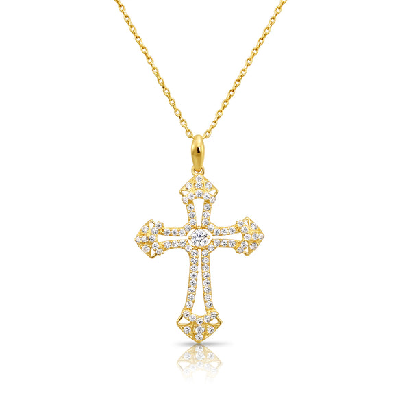 14K Solid Yellow Gold CZ Cross Pendant, With 18
