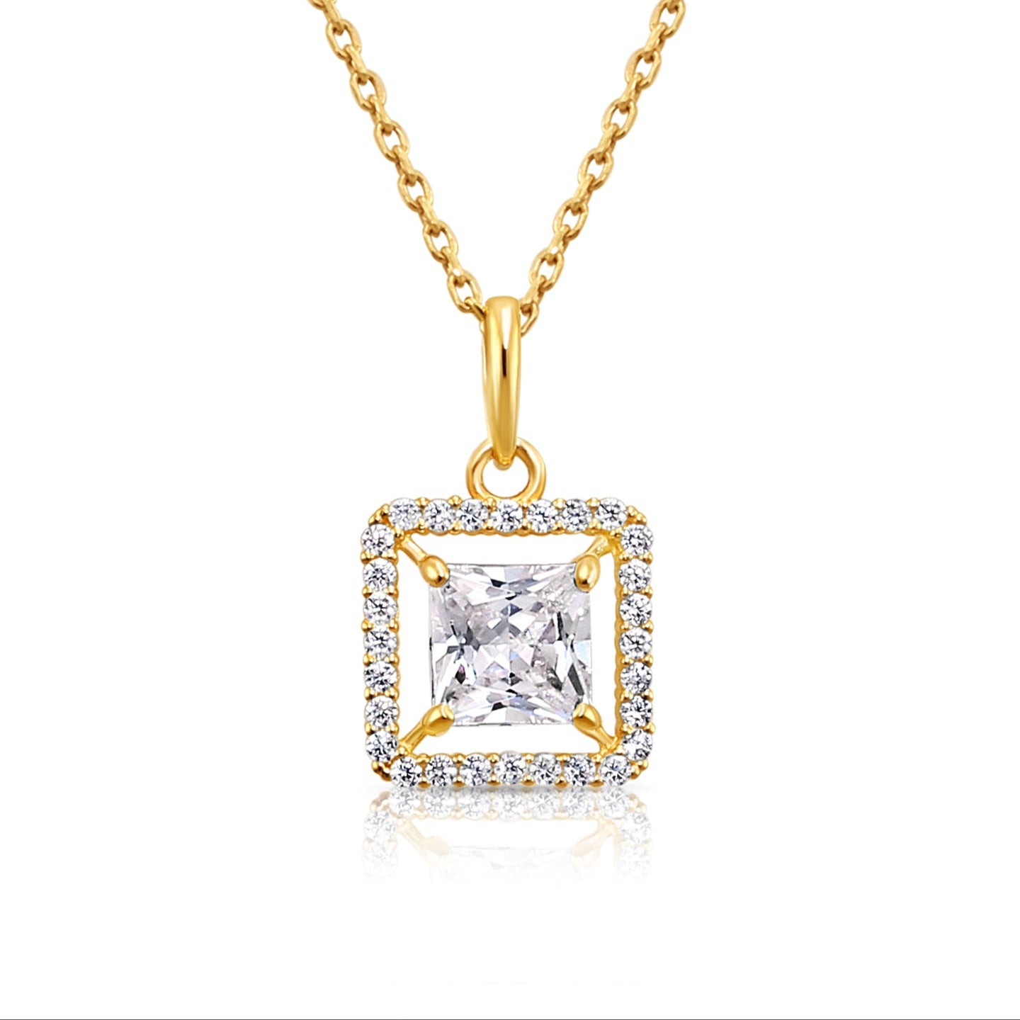 14K Solid Yellow Gold Princess-Cut Halo CZ Pendant, With 18&quot; Cable Chain Necklace
