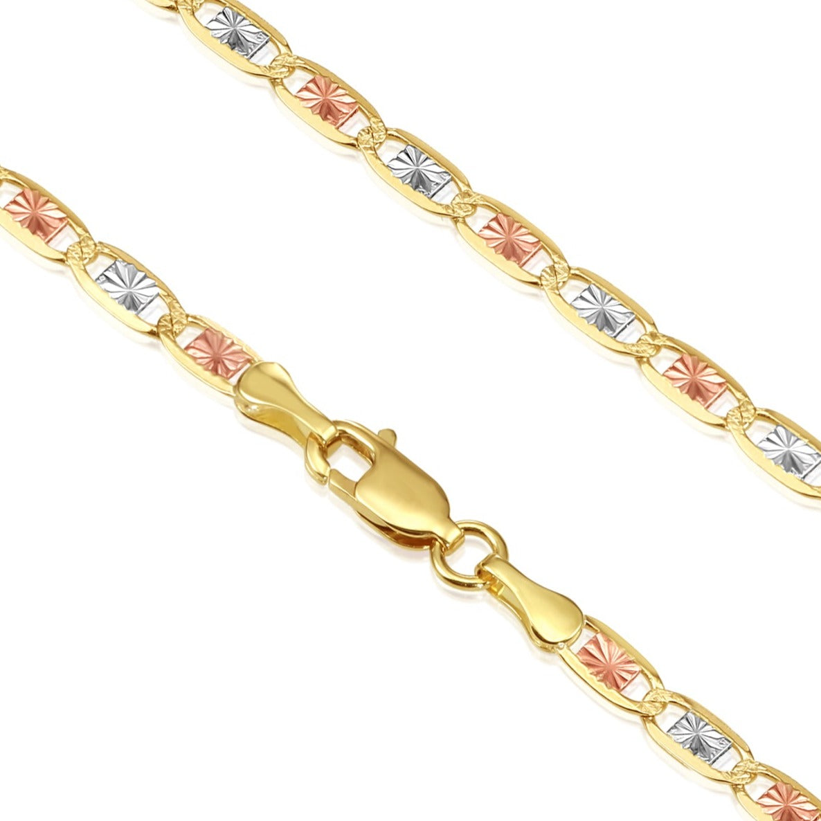 14K Solid Yellow Gold Tri-Color Valentino Link Chain Necklace 2.5mm-3.5mm, 16&quot;-20&quot;