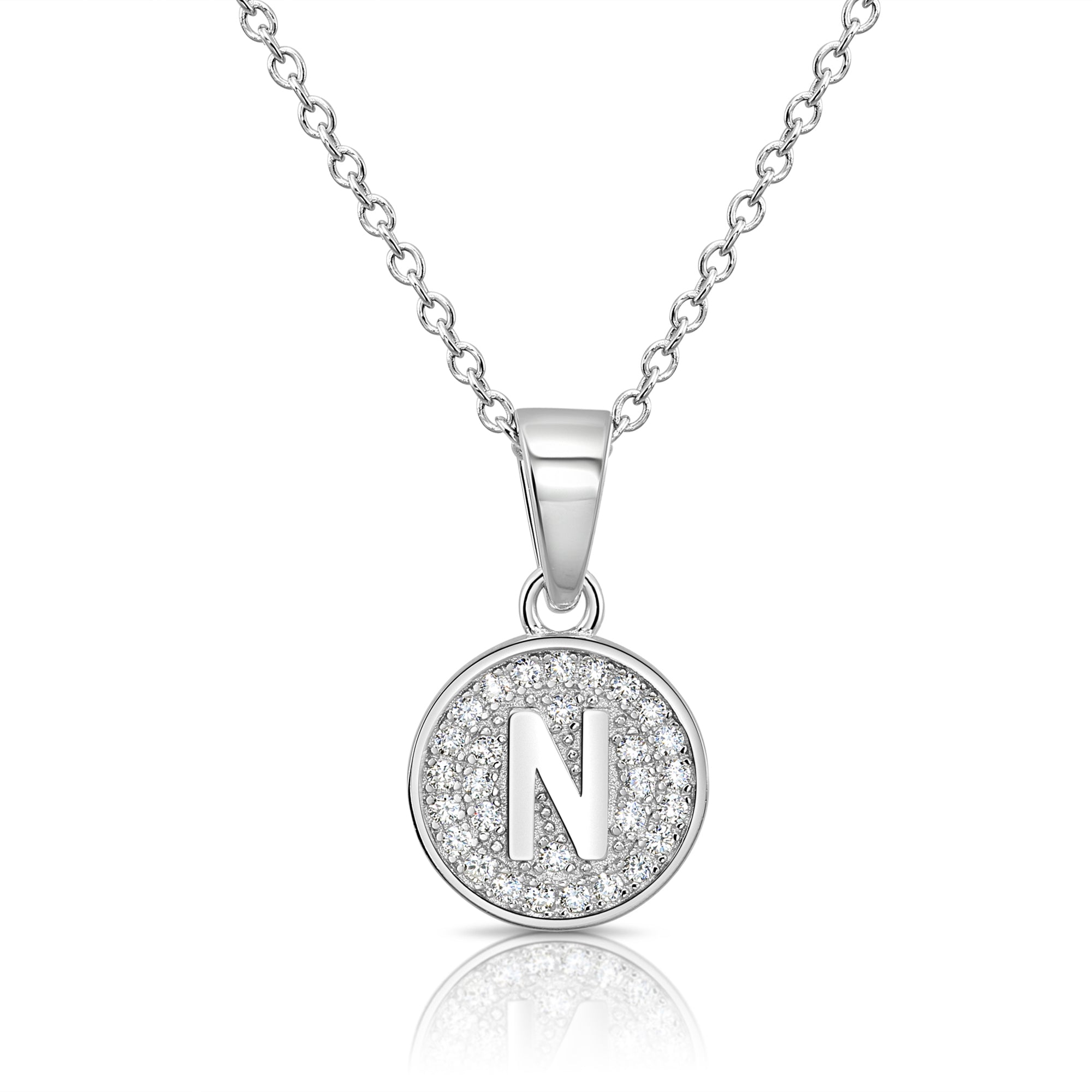 CZ Initial Round Charm Necklace (Letters A-Z) 16&quot; 18&quot; in Sterling Silver