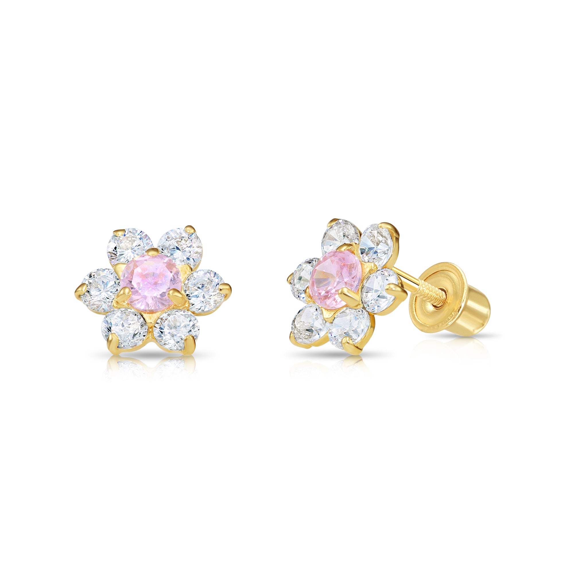 14K Yellow Gold Large Flower Halo CZ Birthstone Stud Earrings, Available in 12 Colors