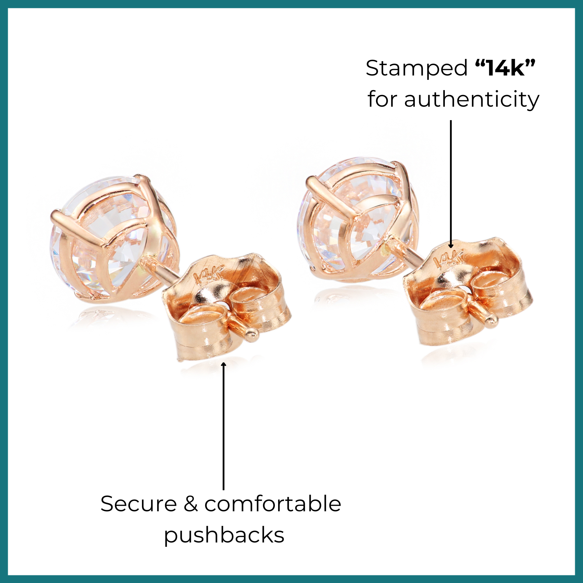 14k Rose Gold Zirconia Solitaire Stud Earrings, Push Post