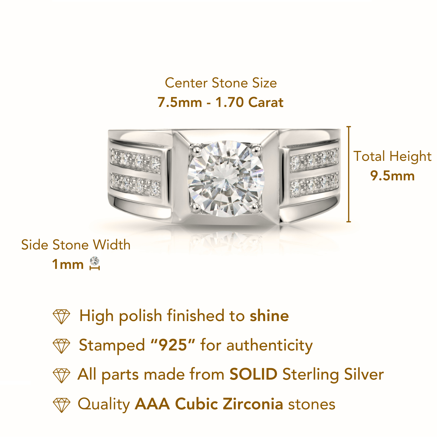 Sterling Silver Brilliant-cut 7.5mm Round CZ with Side Stones Ring Sterling Silver Brilliant-cut 7.5mm Round CZ with Side Stones Ring