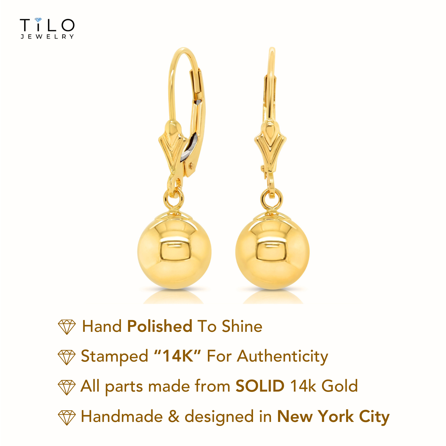 14K Yellow Gold French-back Ball Dangle Earrings