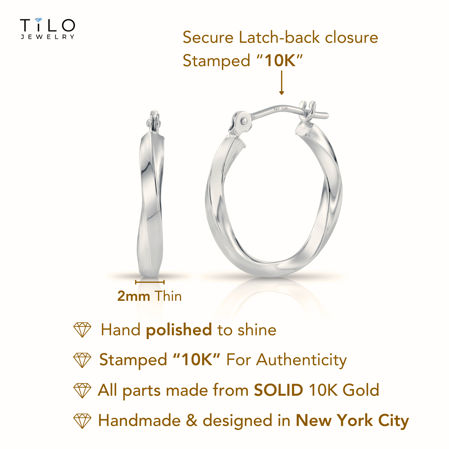 10K White Gold Twisted Classic Hoop Earrings