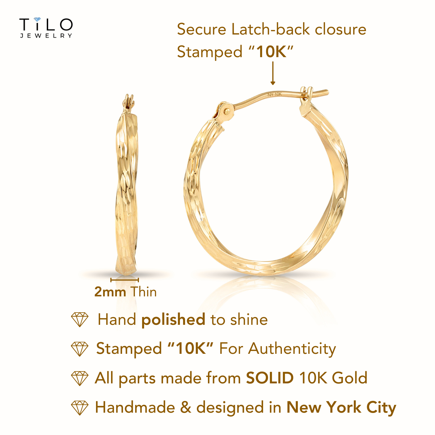 10K Yellow Gold Twisted Diamond-Cut Hoop Earrings