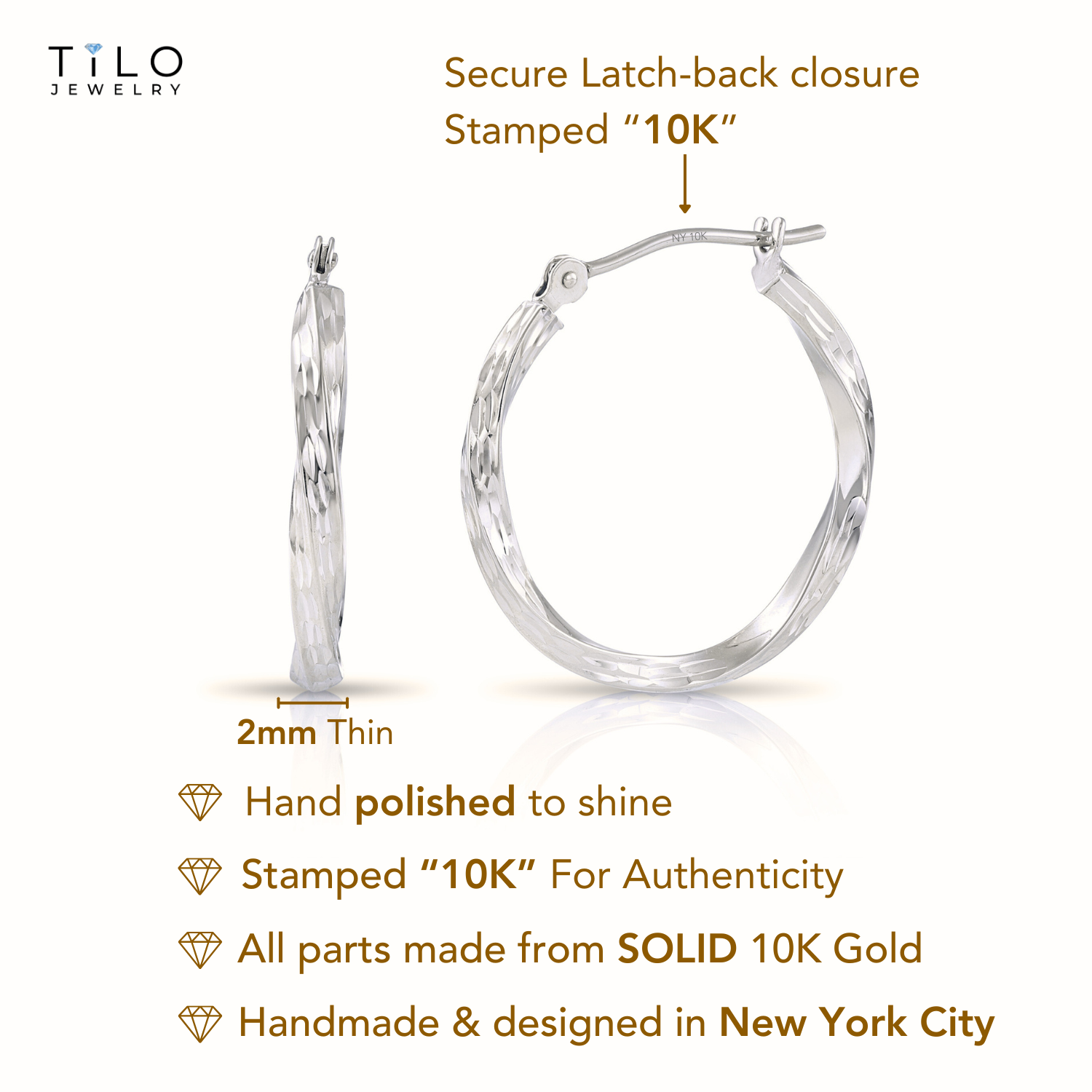 10K White Gold Twisted Diamond-Cut Hoop Earrings