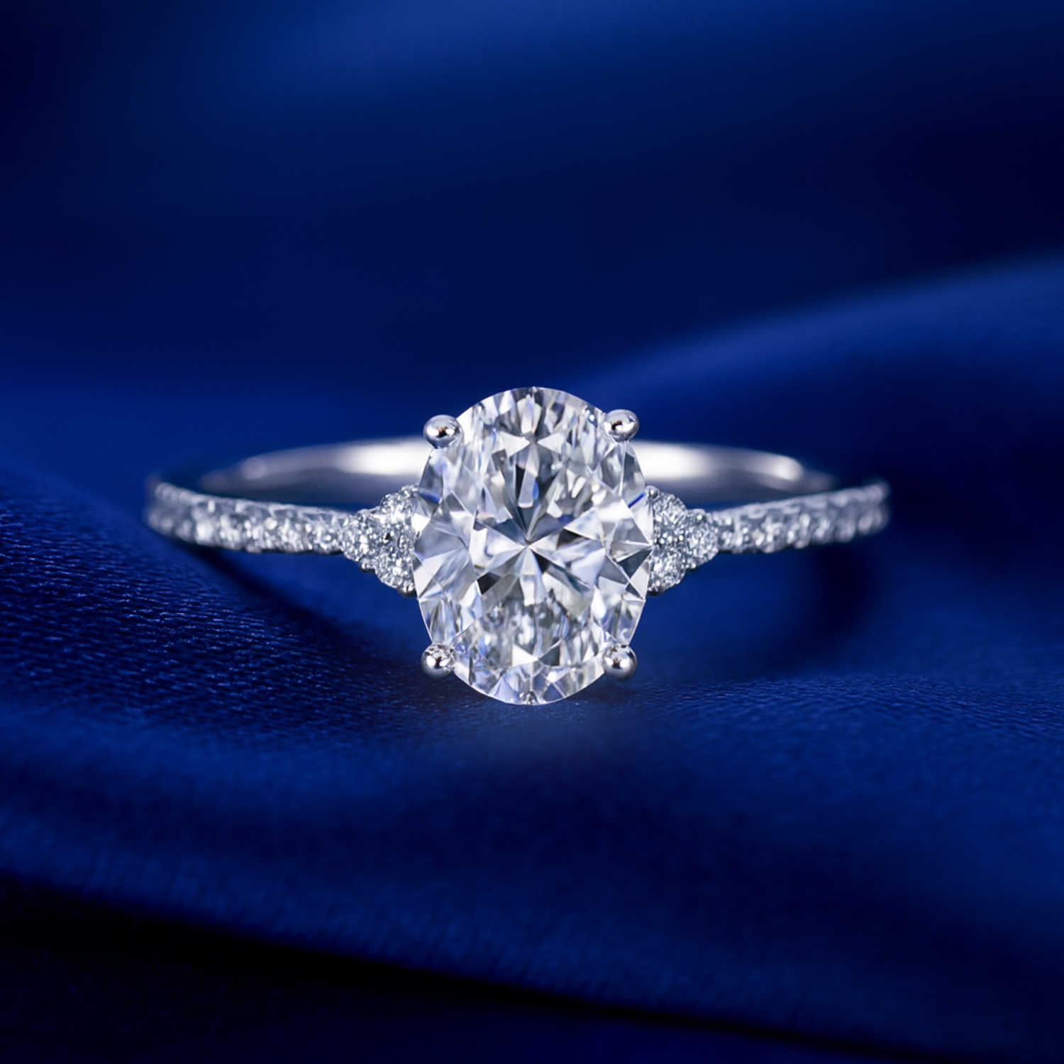 14K White Gold Oval-Shaped Solitaire 1.5 Carat Engagement Ring With Side Stones