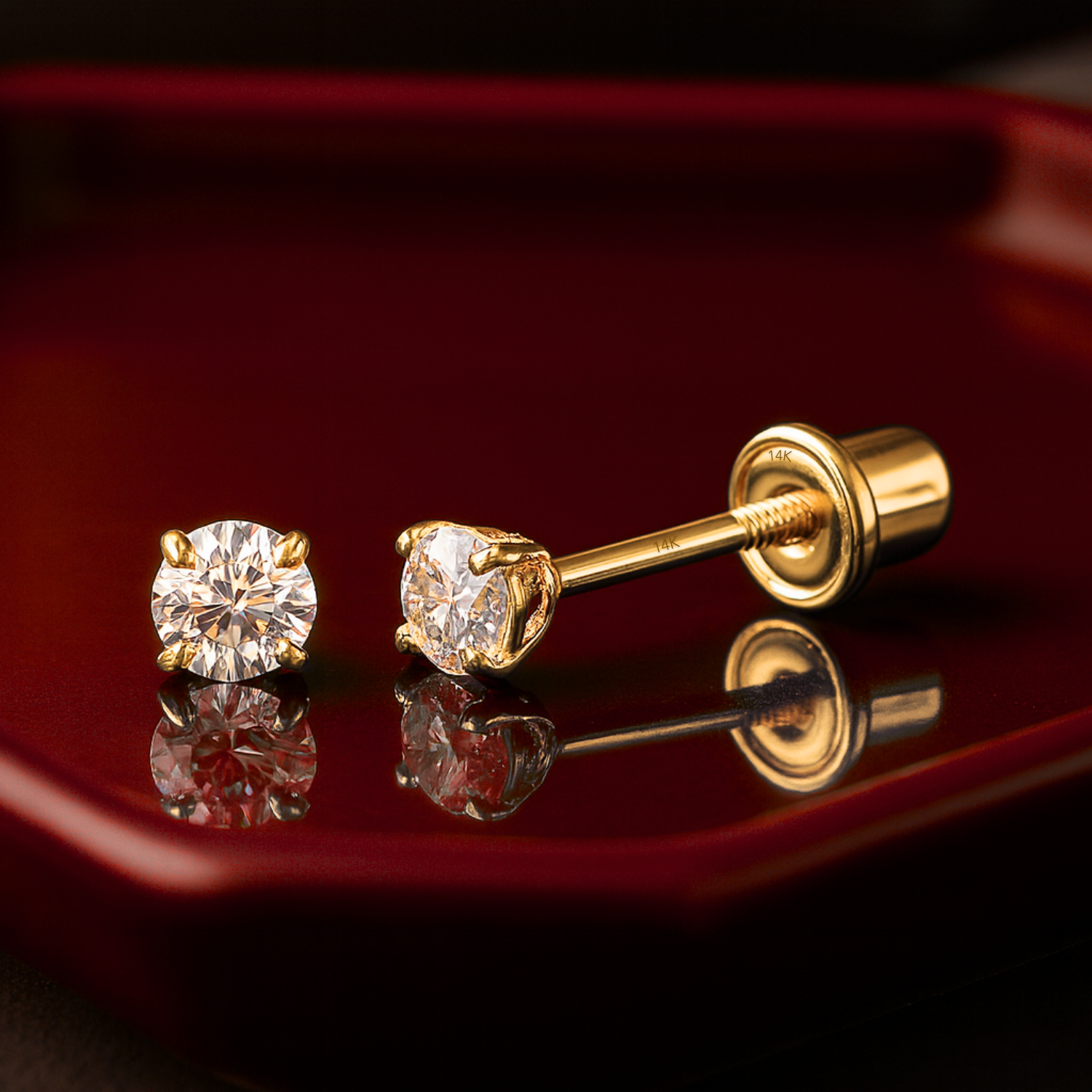14K Gold Lab Diamond Stud Earrings, CVD Brilliant Solitaire Round Diamond Studs, Screwback