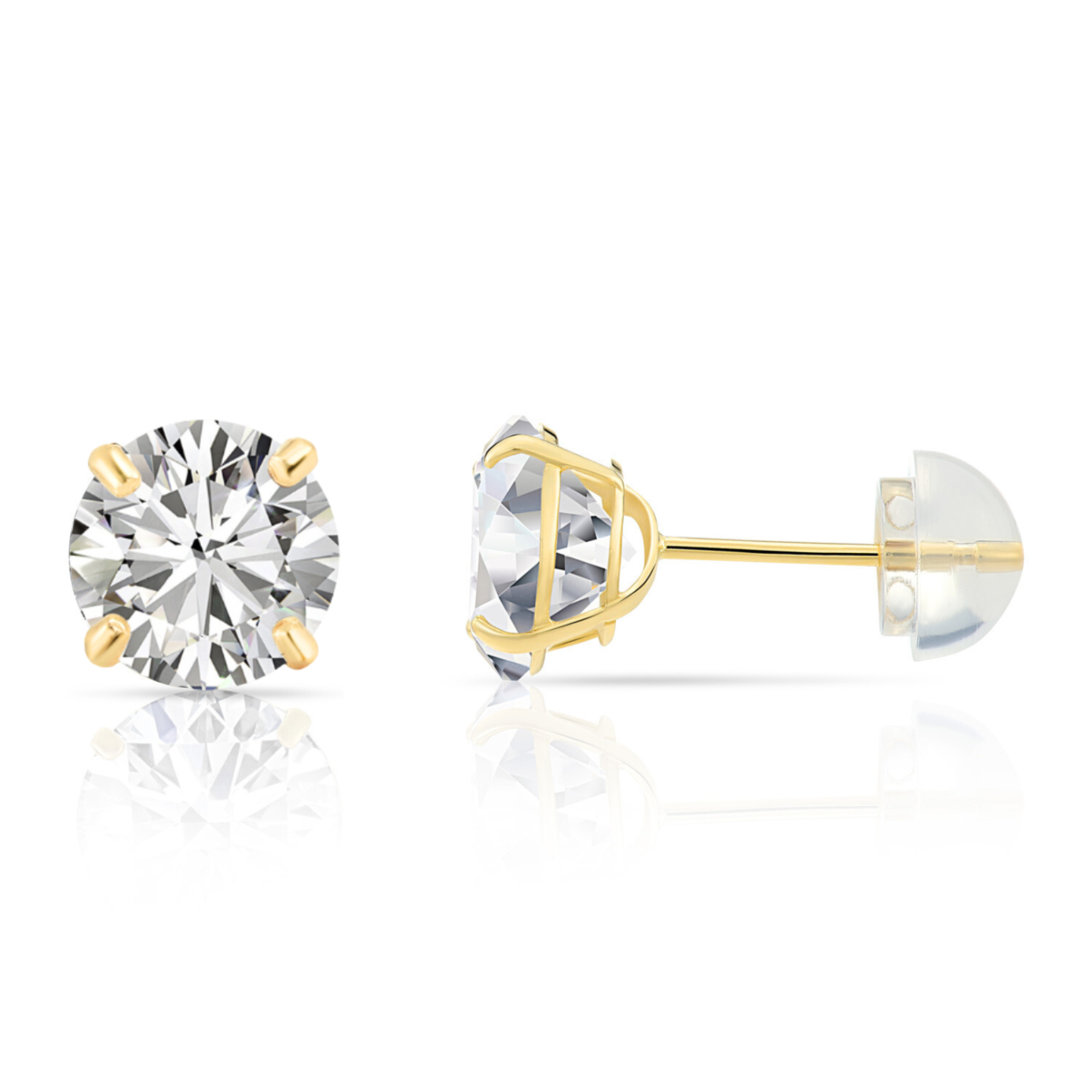 14k Yellow Gold and Cubic Zirconia Stud Earrings, Silicone Pushback