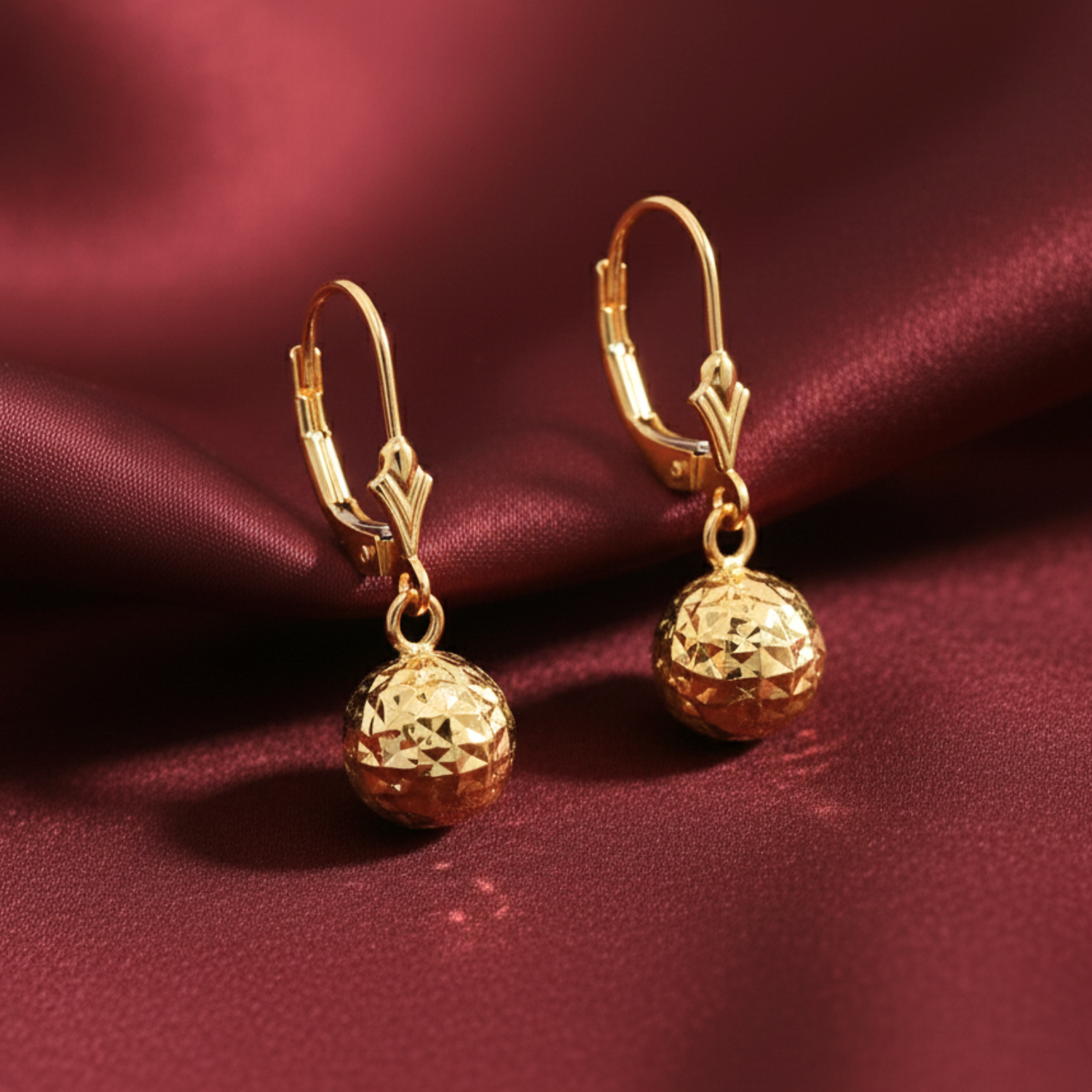 14k Yellow Gold Sparkle Ball Dangle Earrings With Diamond-Cuts