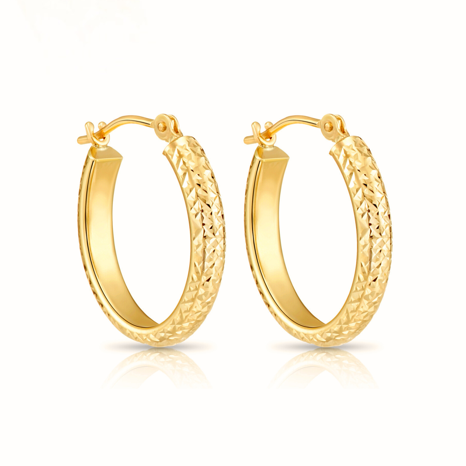 14k Yellow Gold X Pattern Diamond-Cut Oval Hoop Earrings